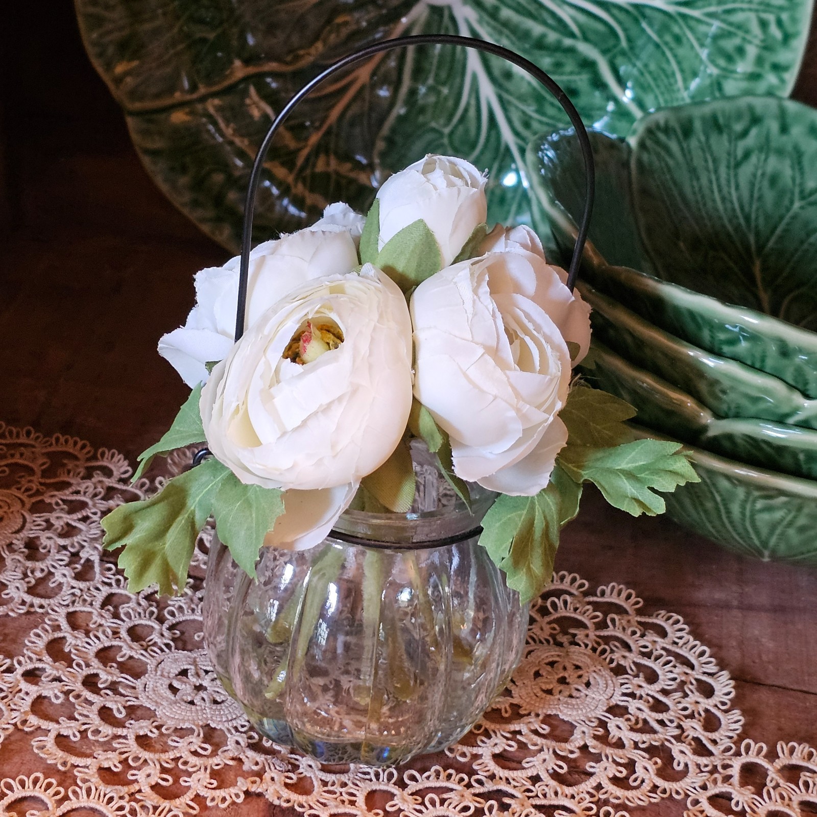 White Ranunculus in a Vase with fake water, Spring Tabletop Decor, Artificial