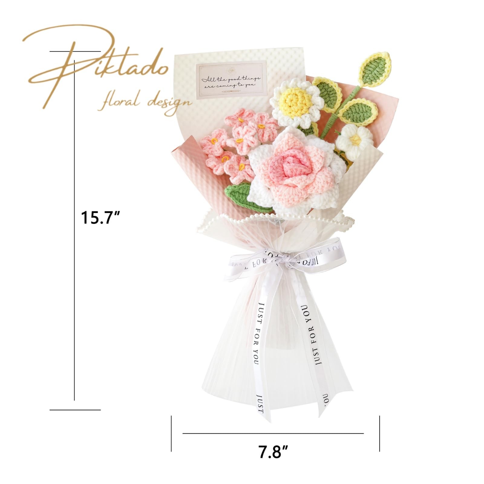 Piklado Handmade Crochet Pink Rose Daisy Bouquet for Family & Friends Finishe…