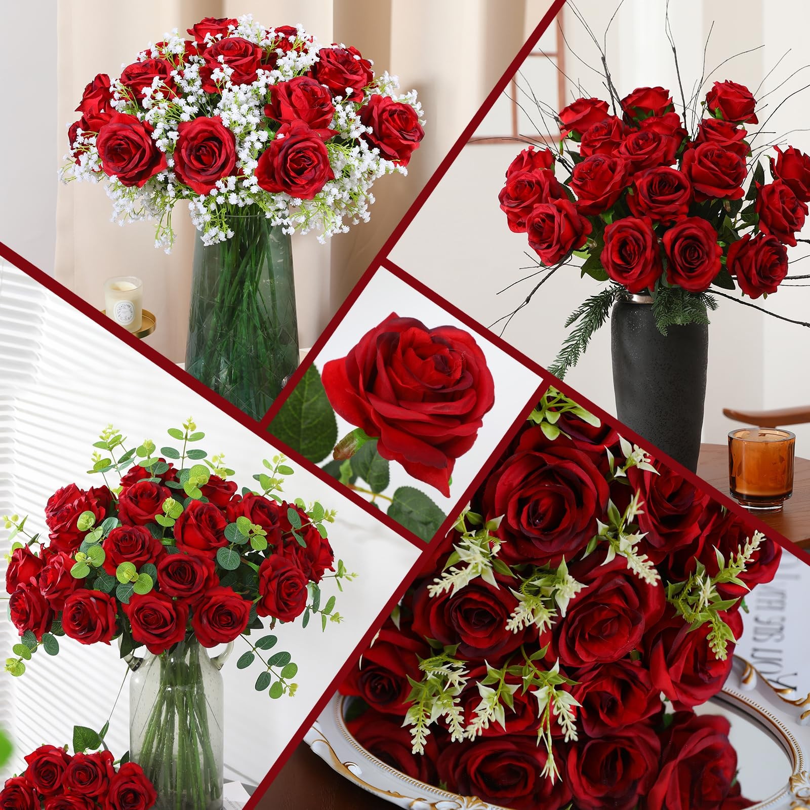 50PCS Artificial Silk Roses in Bulk & Bouquet Long Stem – Realistic Fake Rose…