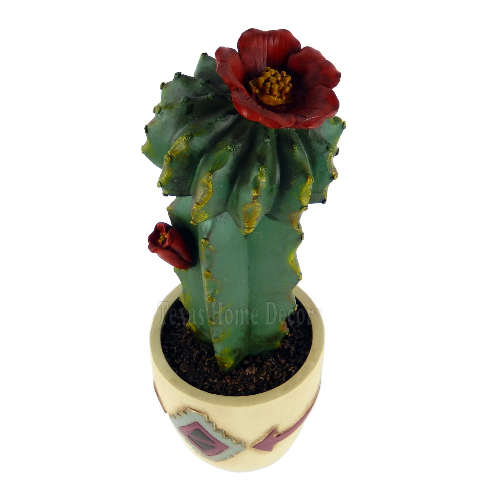 Potted Moon Cactus Figurine Flowers Southwestern Aztec Style Hand Painted 9″