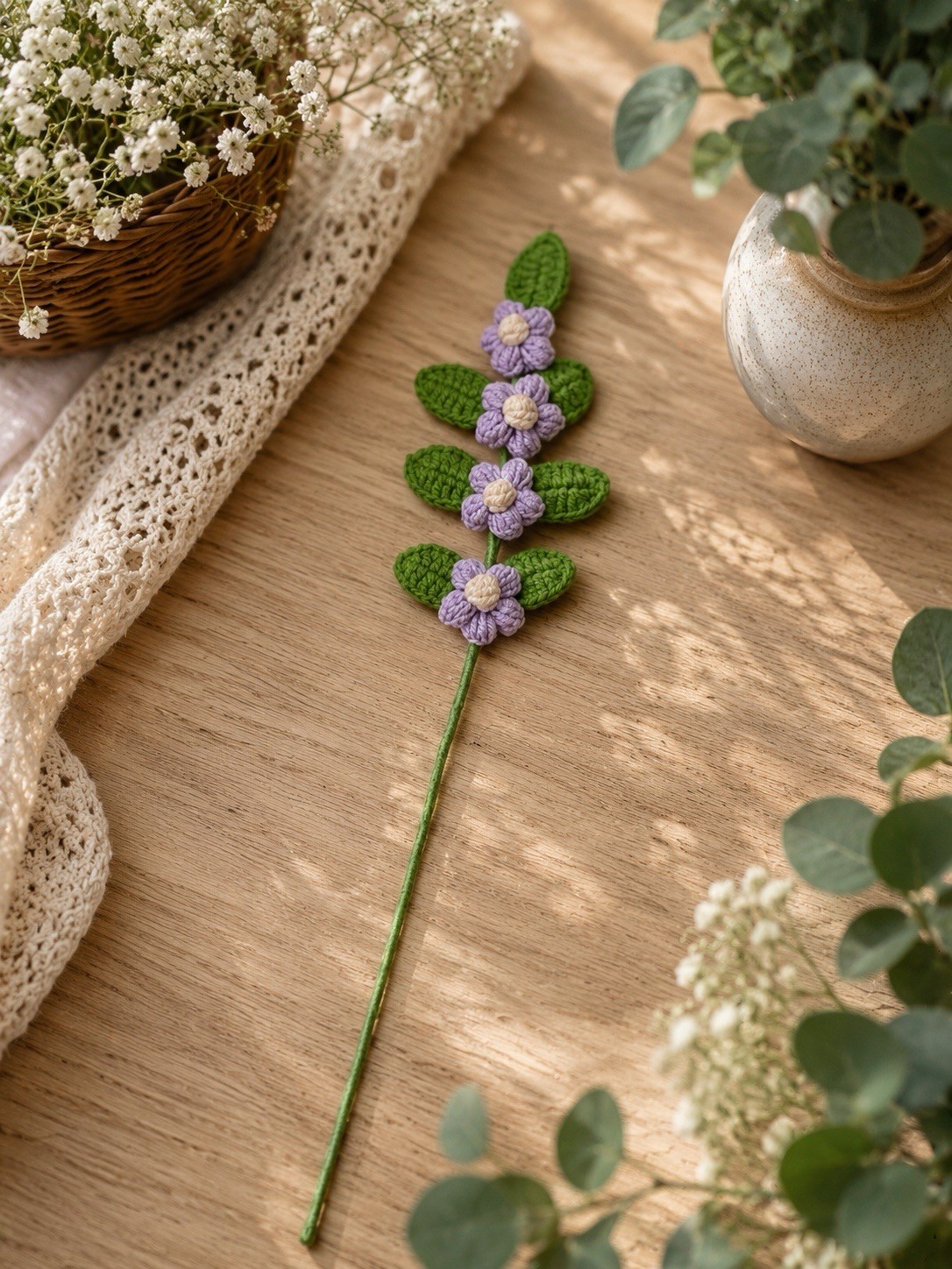 One Handmade Crochet Lilac Flower Stem 12” Floral Decor Gift Home Decoration