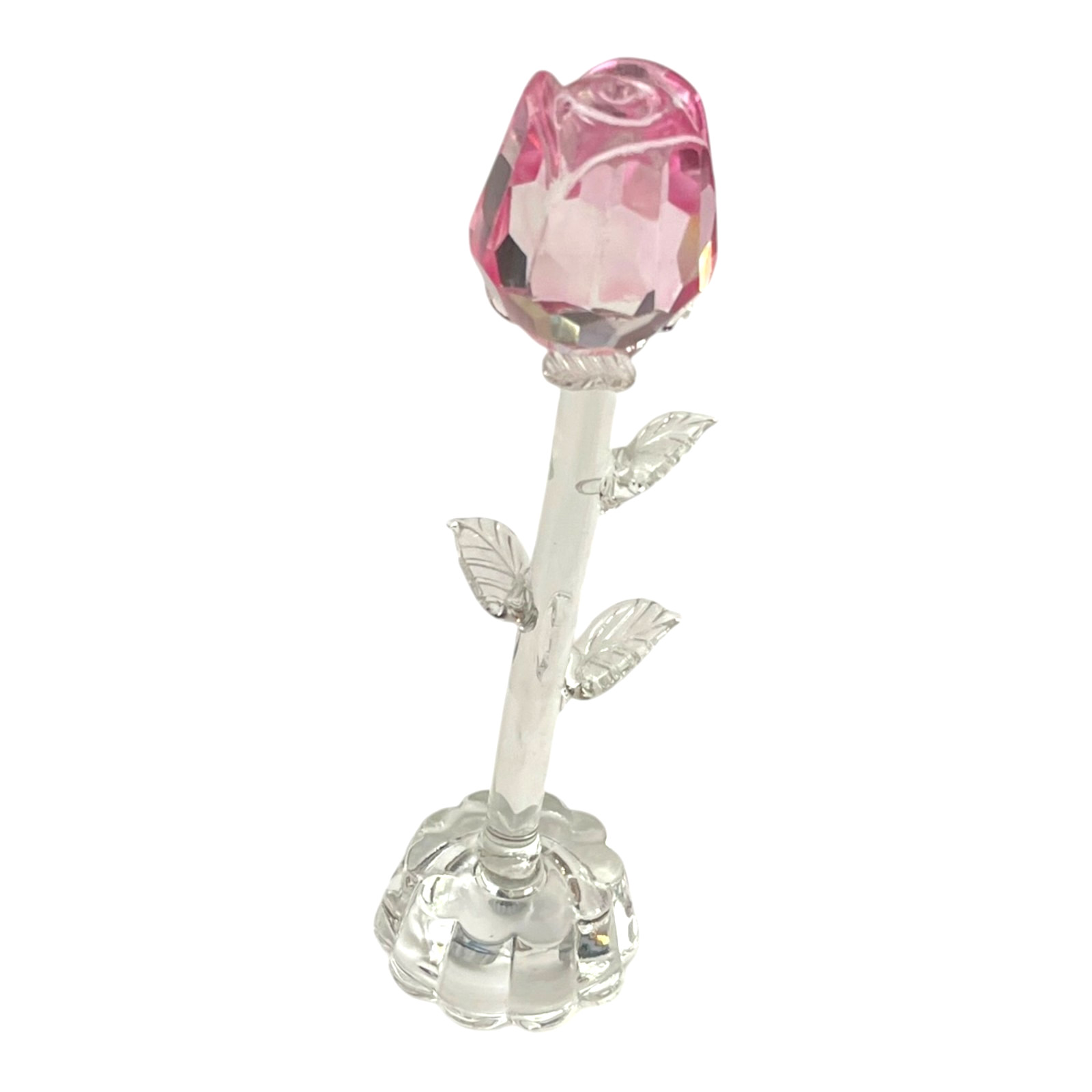 7.5″ Pink Crystal Glass Rose Figurine Closed Bud Long Stem Flower Sculpture