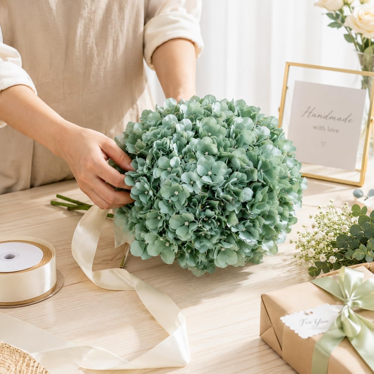 100ct Sage Green Artificial Hydrangea Blooms – Lush Silk Floral Wedding Decor