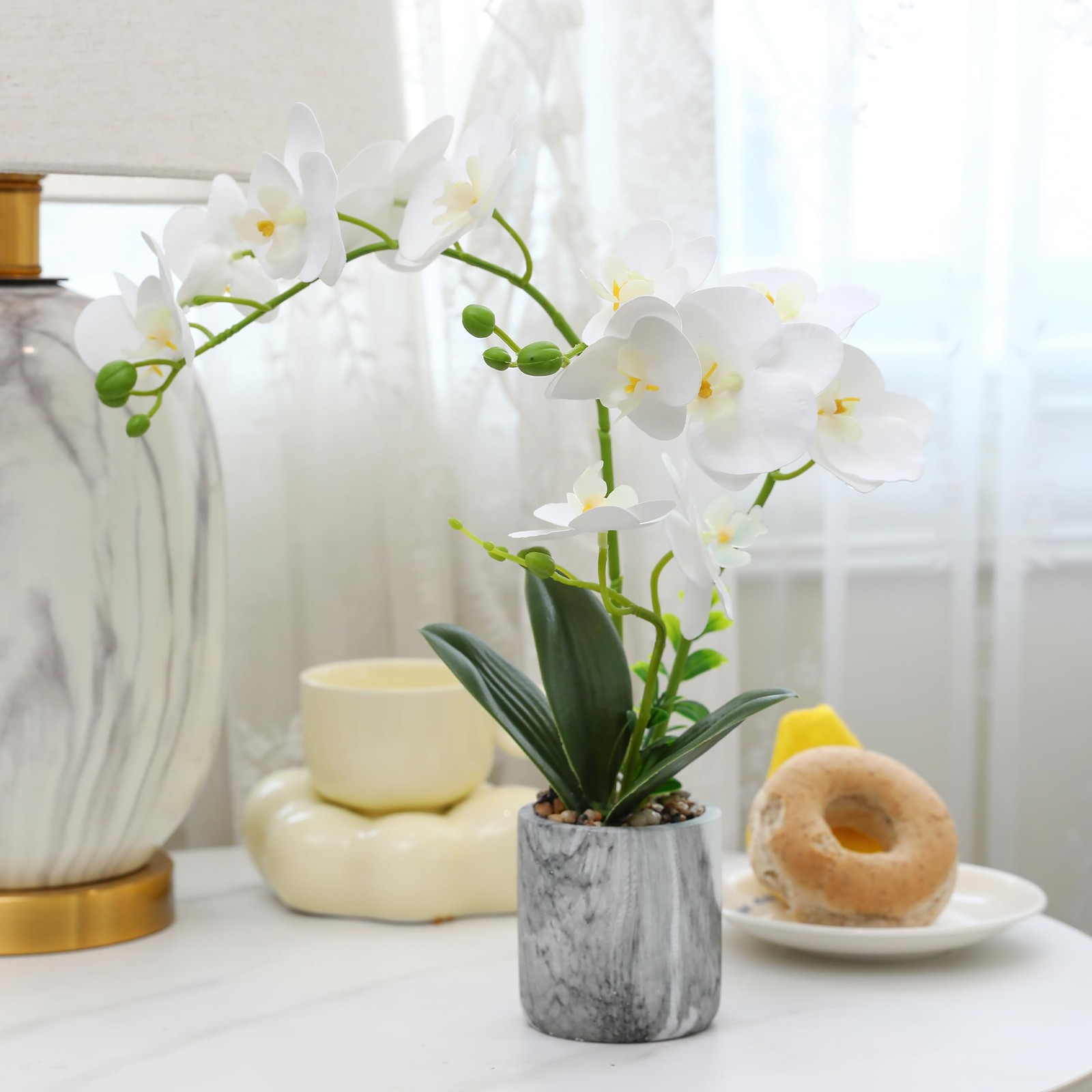 Artificial White Fake Orchids Flowers in Pot Bendable Faux Orchid Centerpiece
