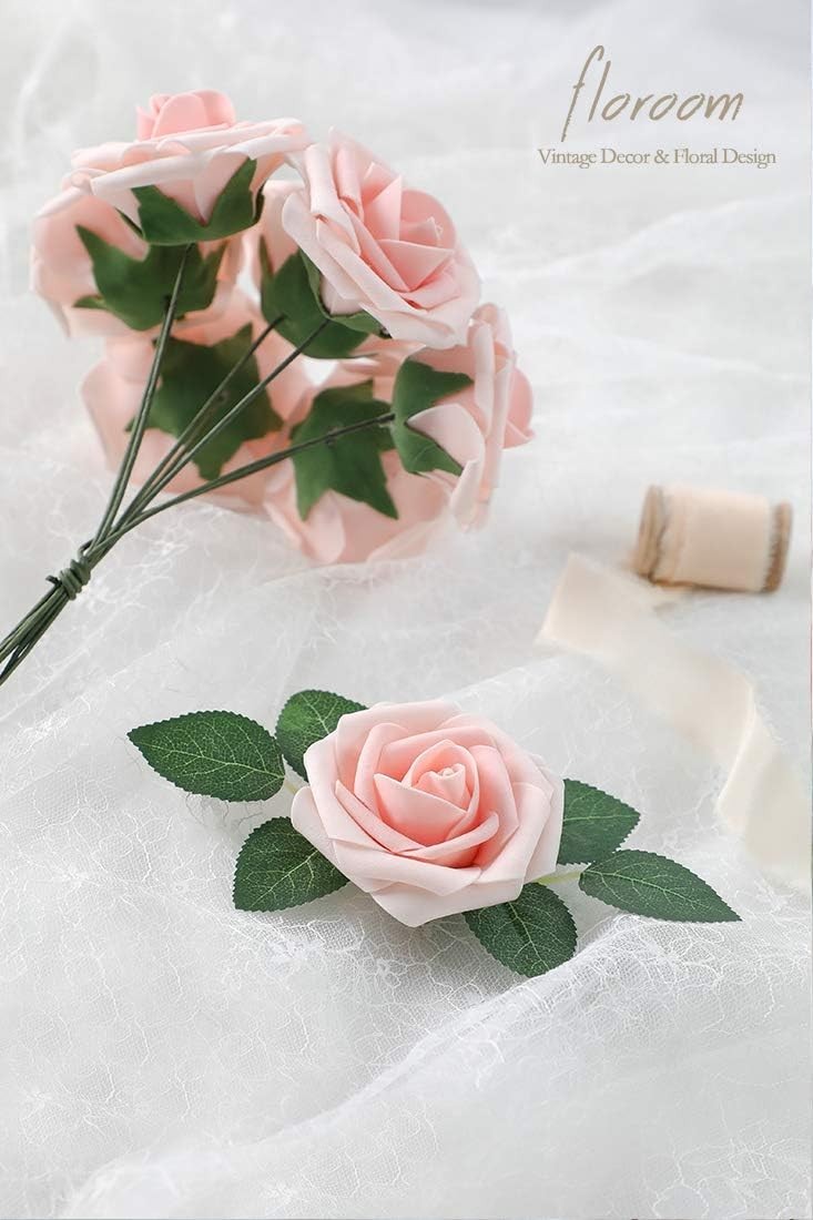 Artificial Roses 50pcs Blush Heirloom Foam Fake Flowers with Stems for Weddin…