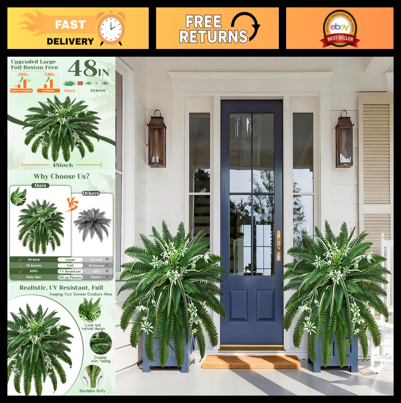 2 Pcs 48″ Large Faux Boston Ferns – Realistic UV Resistant Artificial Plants for