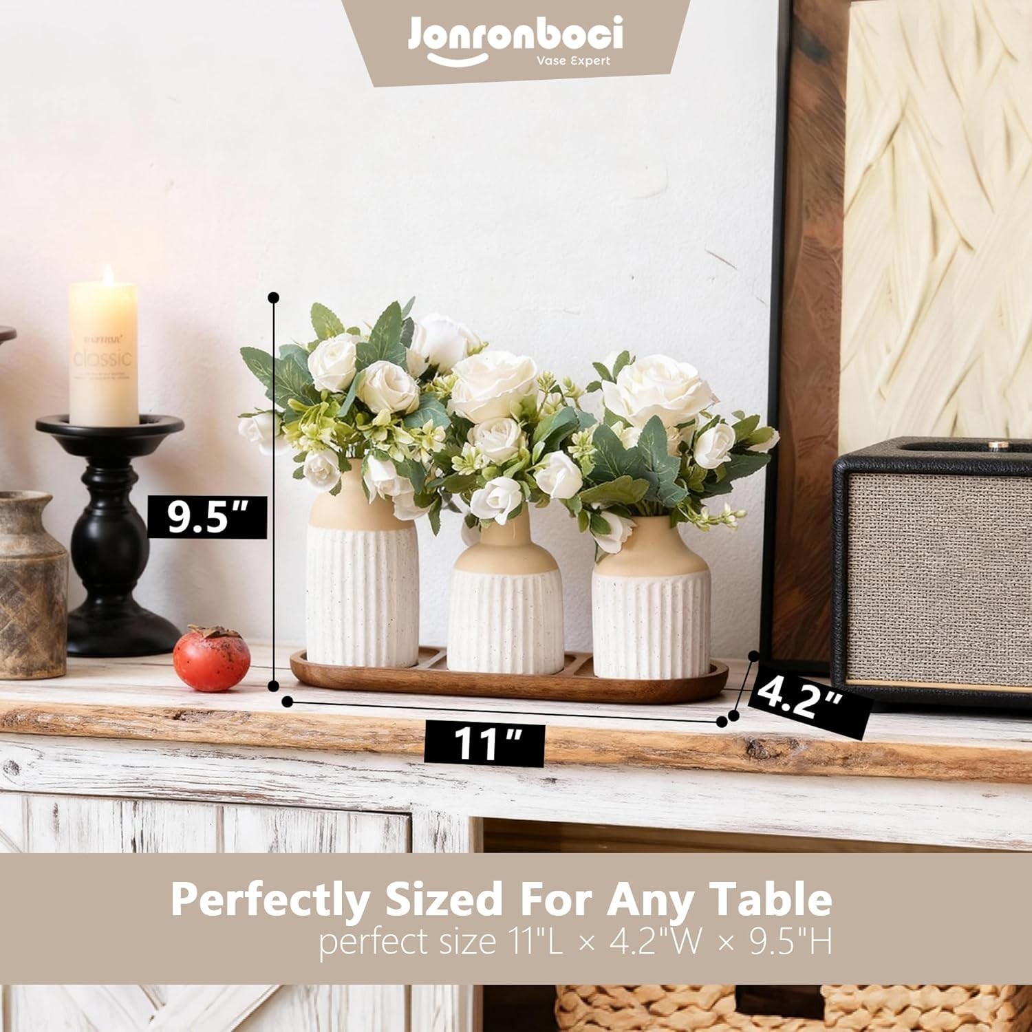 Set of 3 Artificial Flowers in Ceramic Vases with Wood Tray – Modern Minimali…