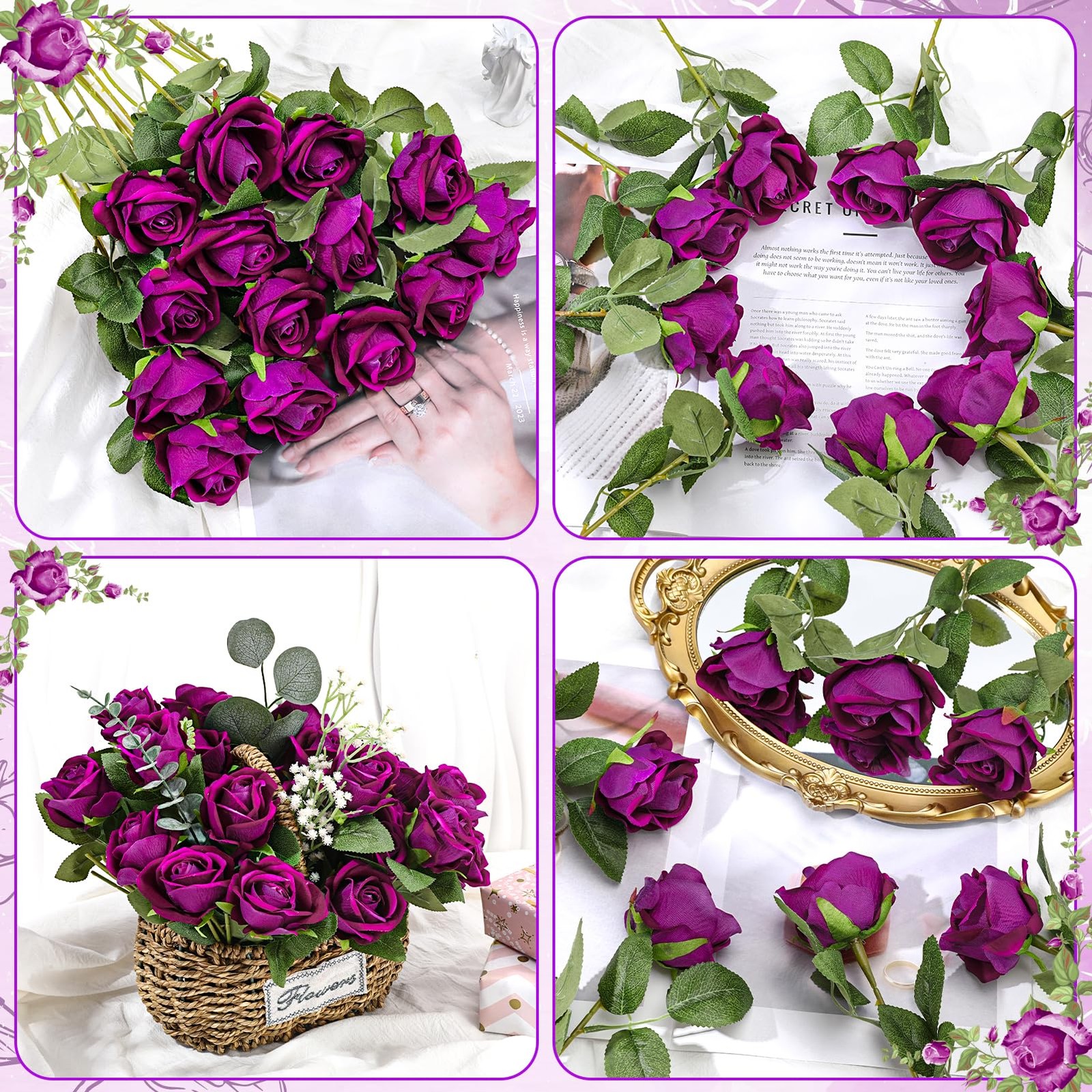 Hoemwarm 36 Pcs Dark Purple Velvet Artificial Flowers, Realistic Fake Roses B…