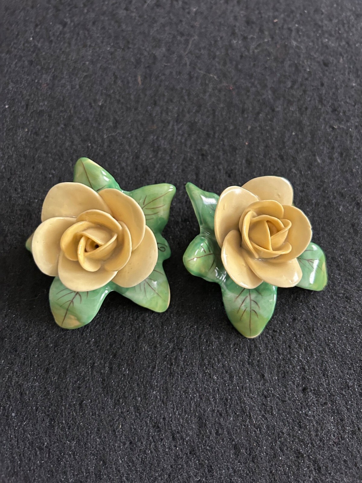 Porcelain Rose & Leaf Decor Cream & Green Hand Painted Floral Design Collectible
