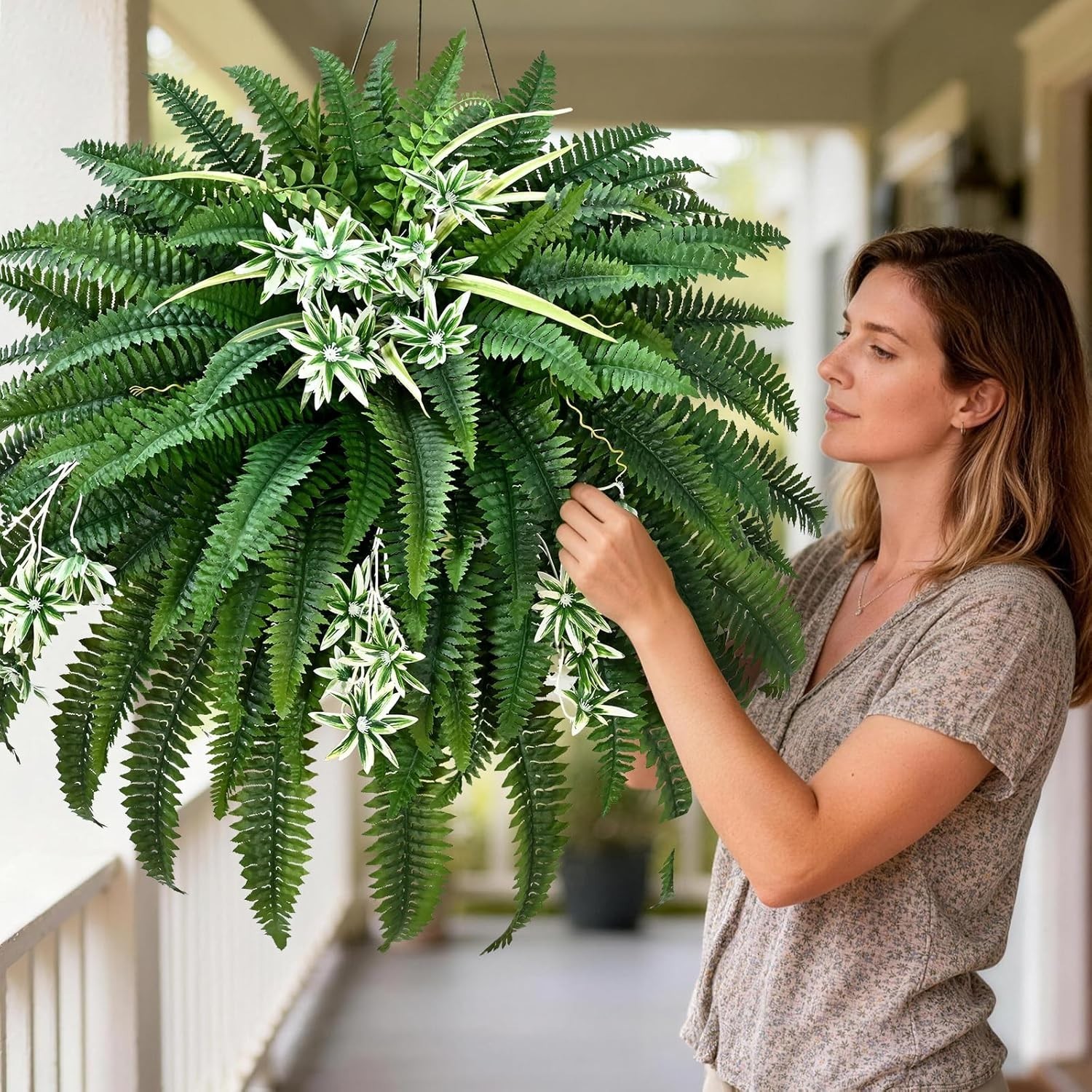 60″ 2-Pc UV Resistant Faux Ferns & Spider Plants for Indoor/Outdoor Decor