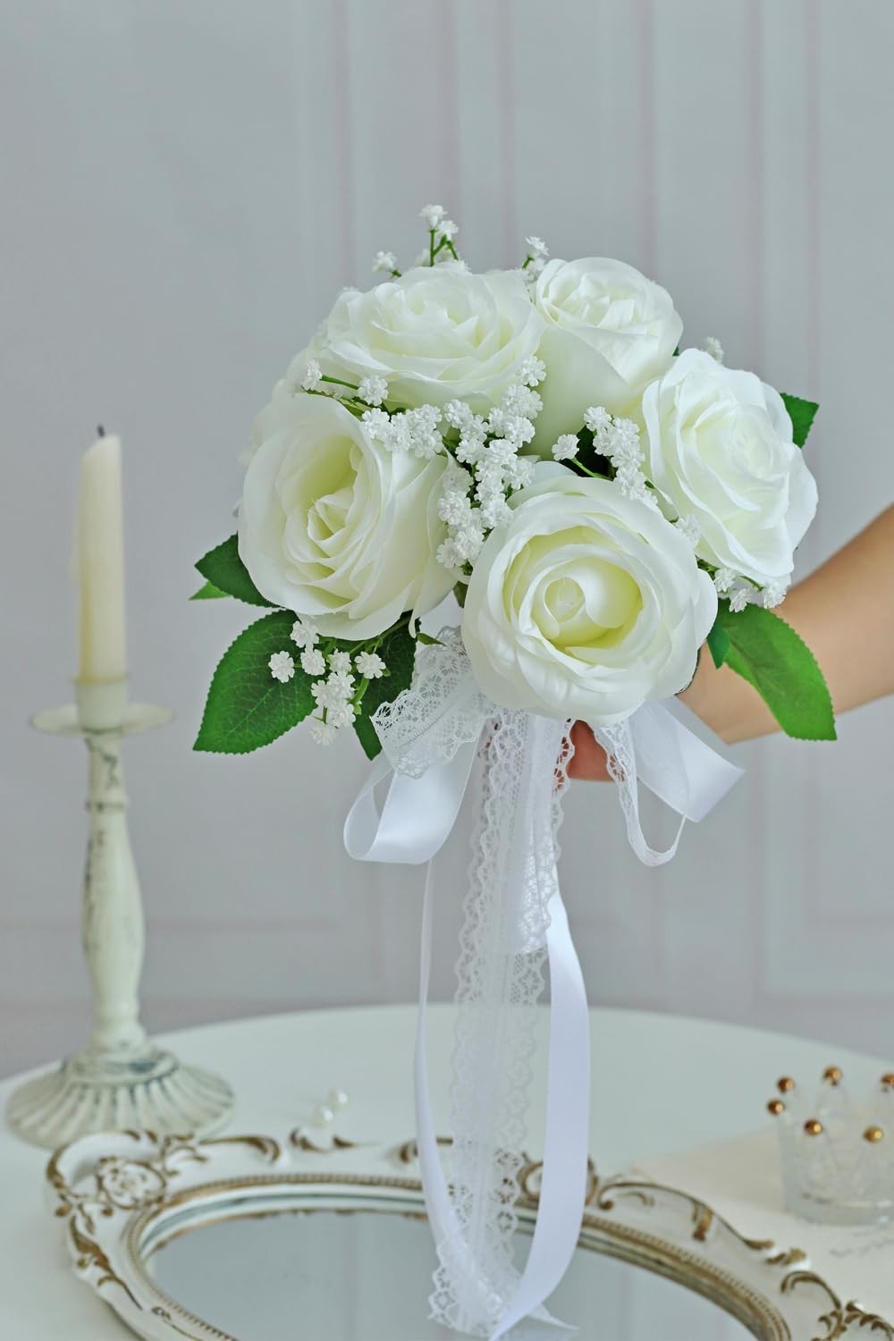 White Ivory 7 Inch Wedding Bouquets Baby’s Breath Artificial Roses Decor
