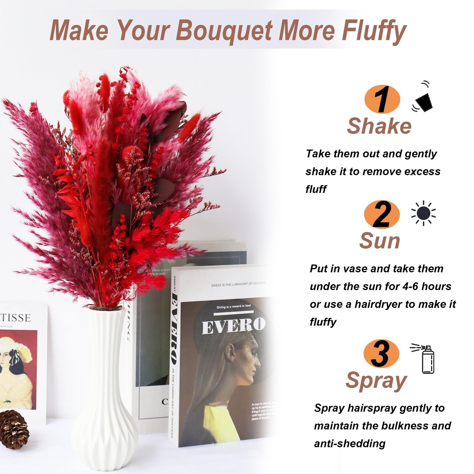 17 Inch Blush Red Natural Dried Pampas Grass Bouquet Flower Arrangement Decor