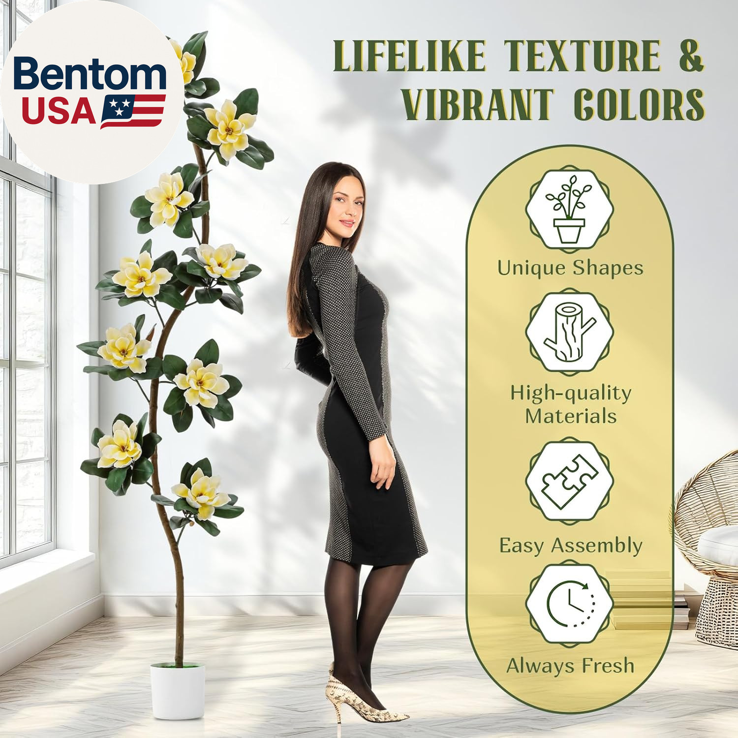 7 Ft Artificial Rubber Tree with 9 Magnolia Flowers in Pot Extra Tall Faux Magno
