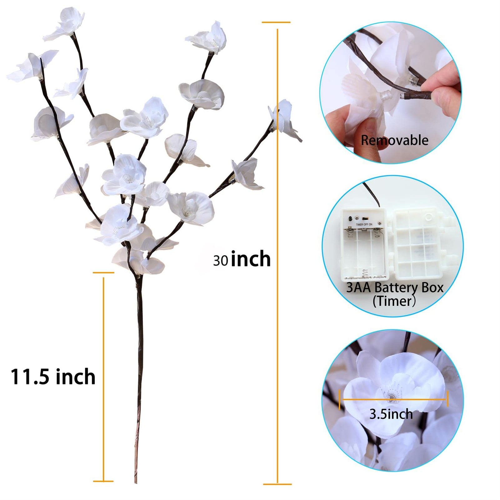 3PCS LED Lighted Tree Branches Lights with Timer with White Artificial Orchid…