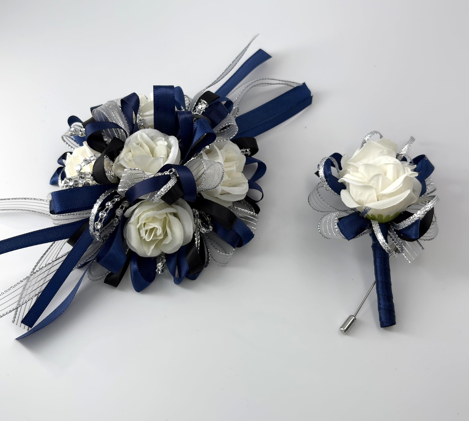 Rose Wedding Corsage Boutonniere Set Floral Prom Suit Decoration Dark Blue