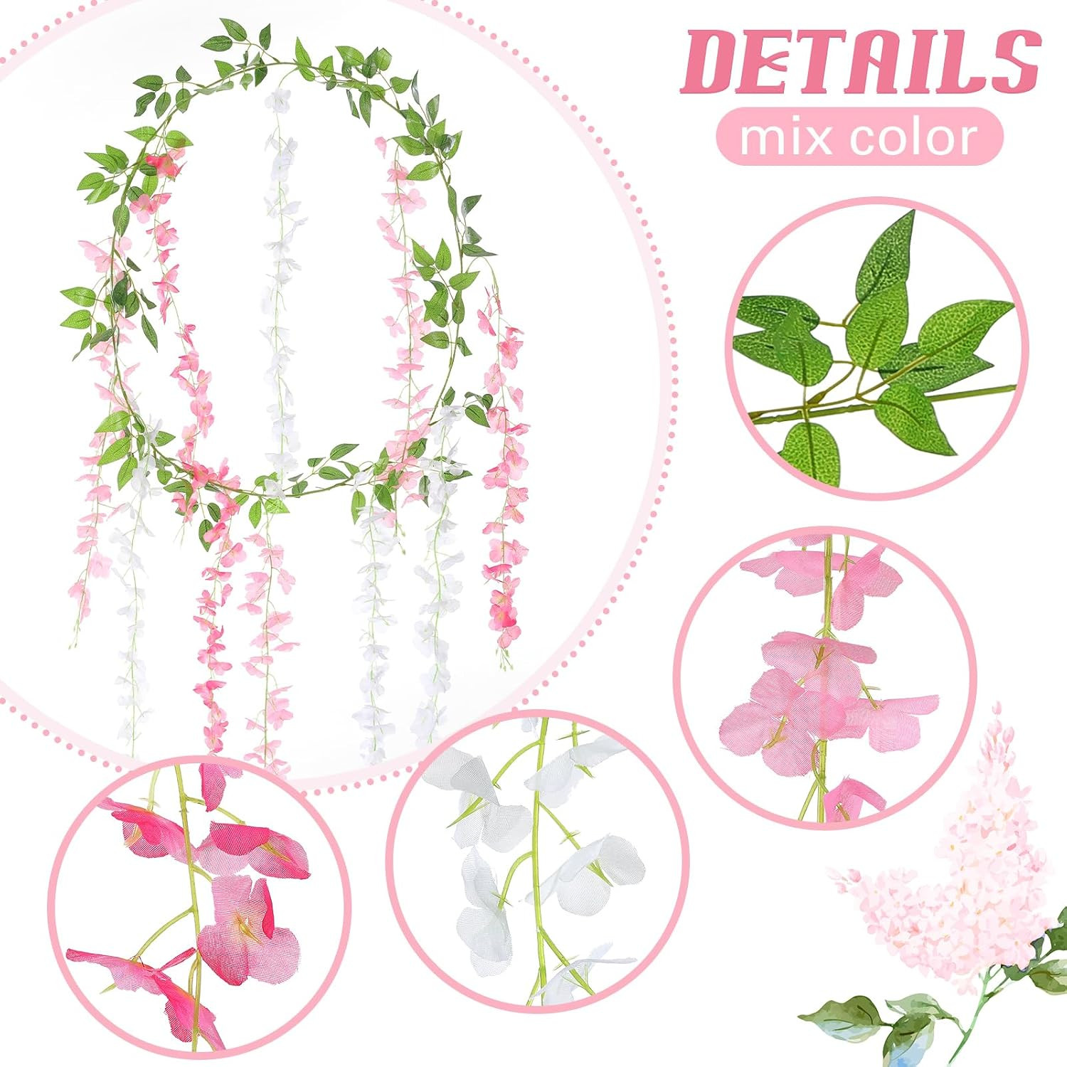 4Pcs Wisteria Artificial Flowers Garland, 7.2Ft/Piece Wisteria Hanging Flowers G