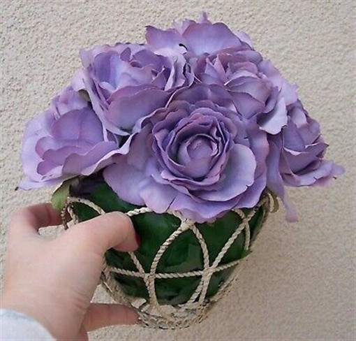 Dozen roses dusky purple lavender silk fabric plant flowers basket shabby chic
