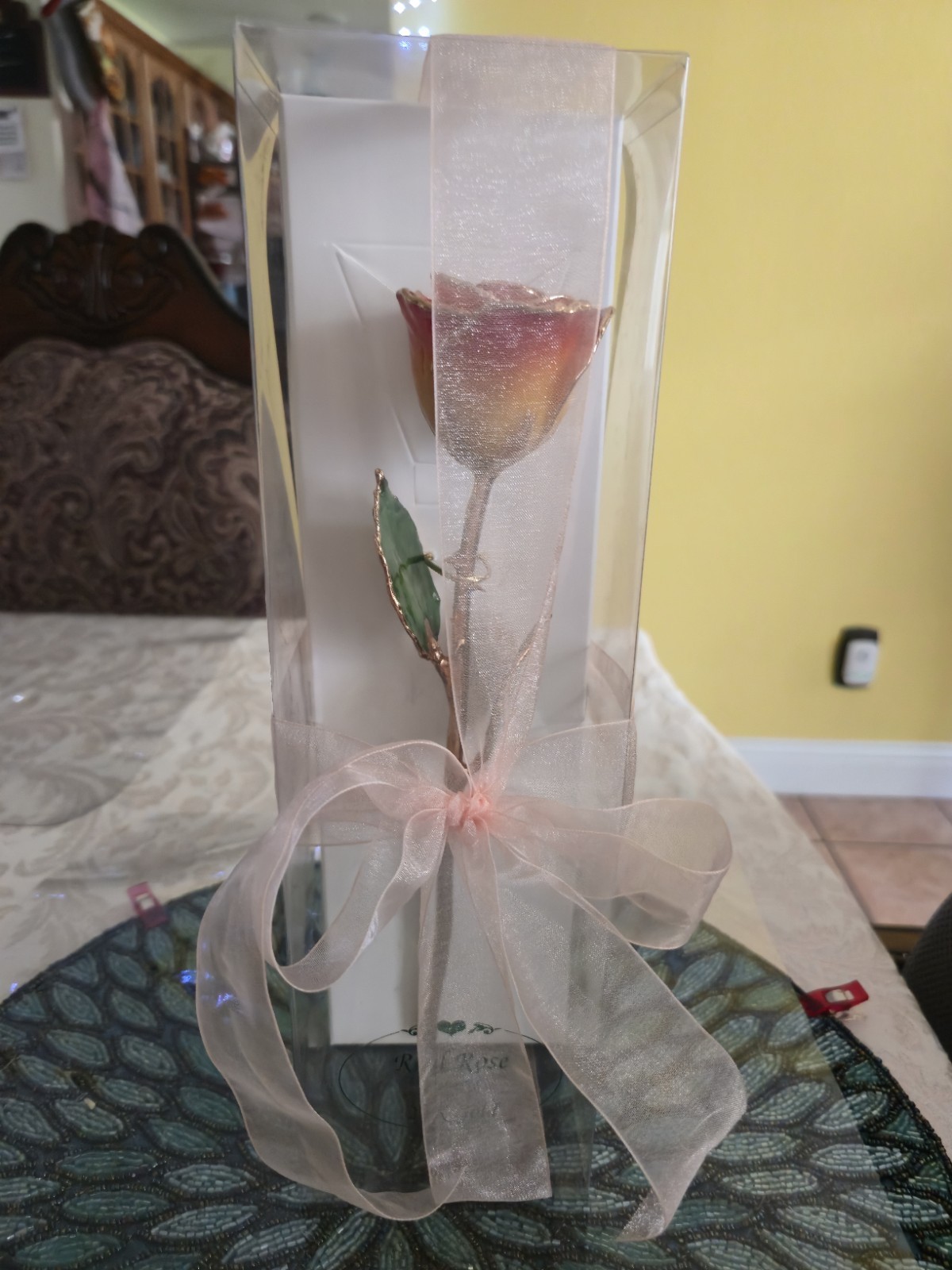Vintage Real 24K Gold Dipped Rose Preserved Flower w/ Display Case Gift Decor