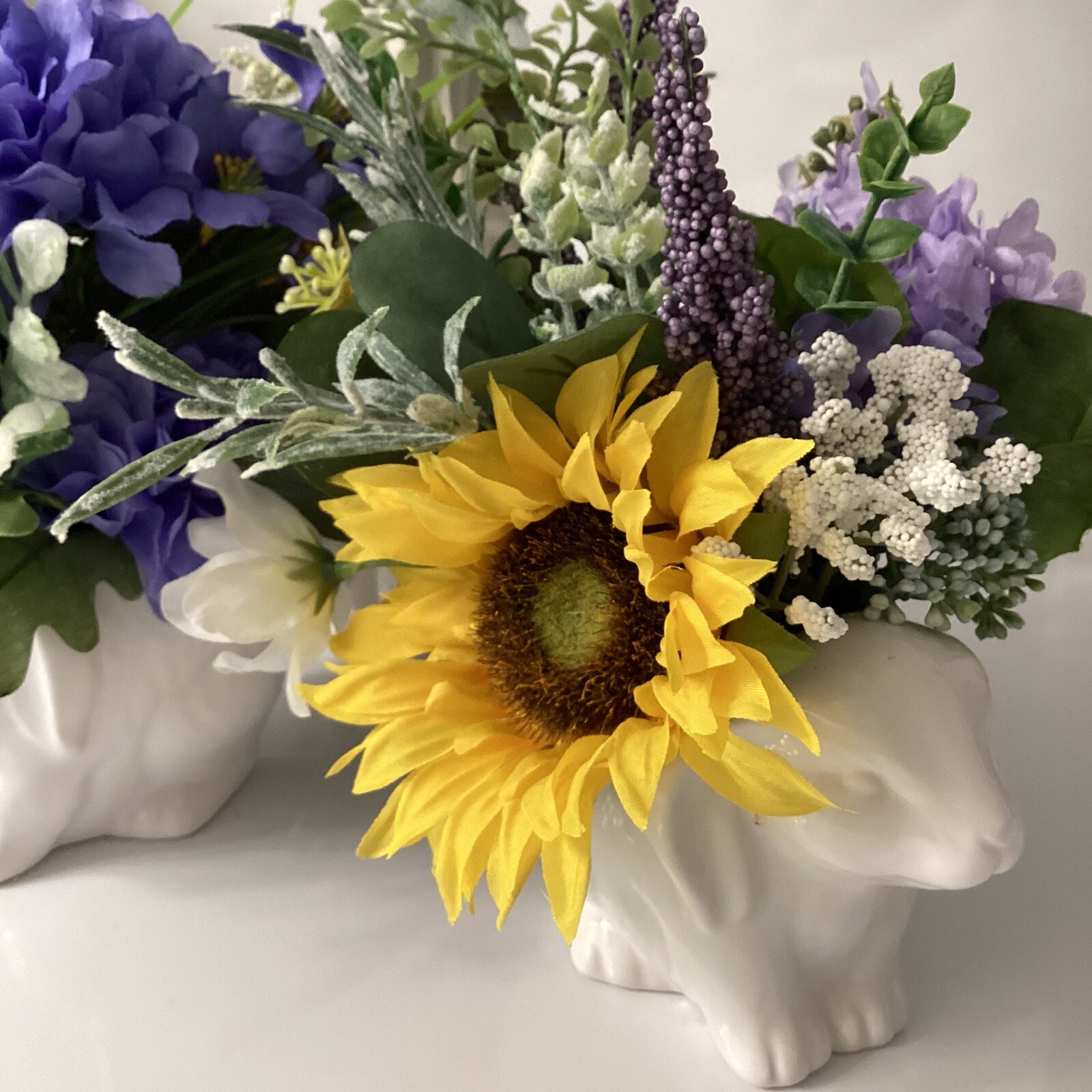Cottage Ceramic Bunny Floral Decor “French Countryside” Sunflowers & Lavender