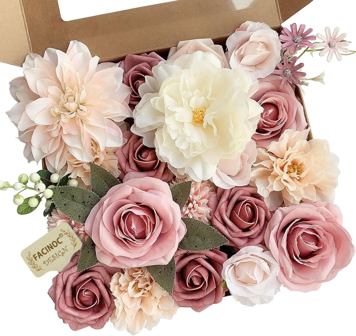FACINOC Roses Artificial Flowers Pink Bouquets Box Set for DIY Bridal Wedding