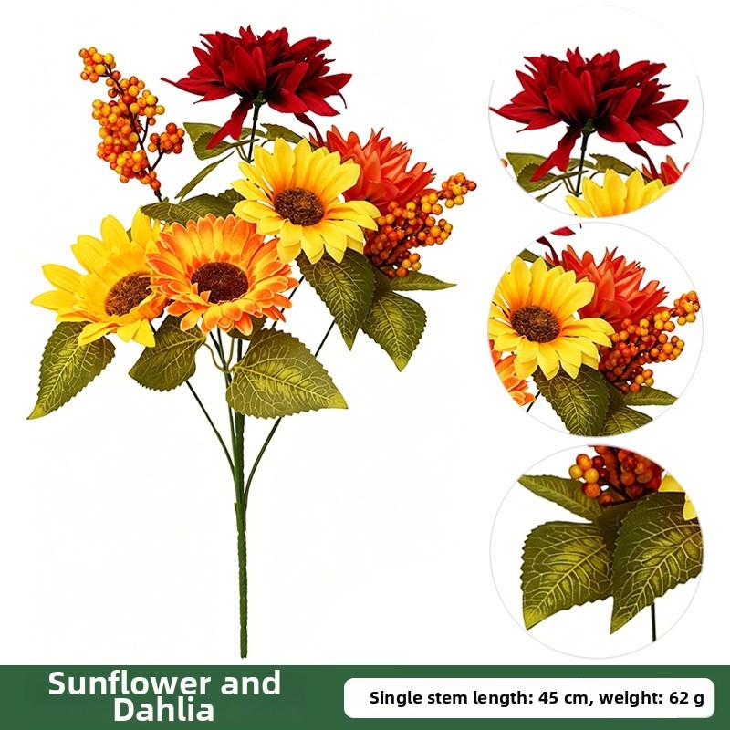 45cm Artificial Floral Bouquet with Sunflowers Red Dahlias and Berries