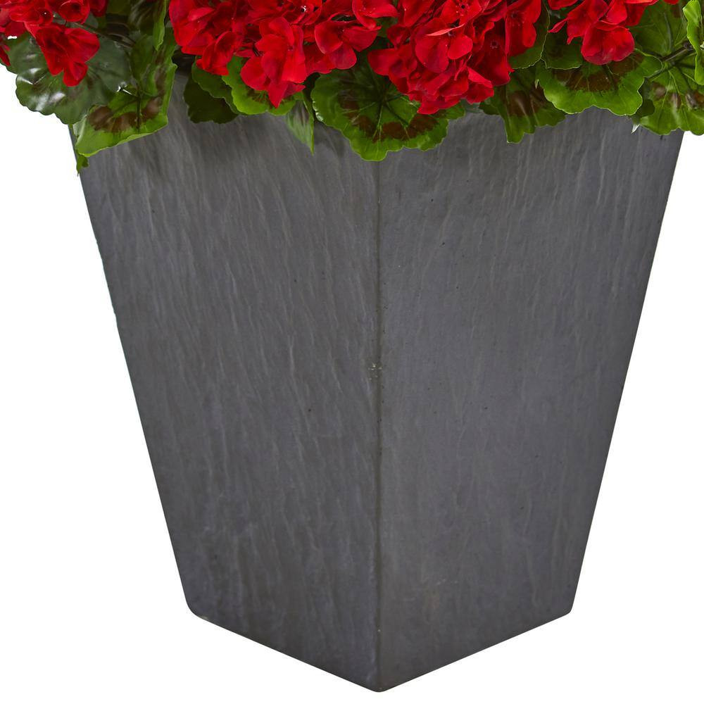 Indoor/Outdoor UV Resistant Red Geranium Artificial Plant in Slate Plater