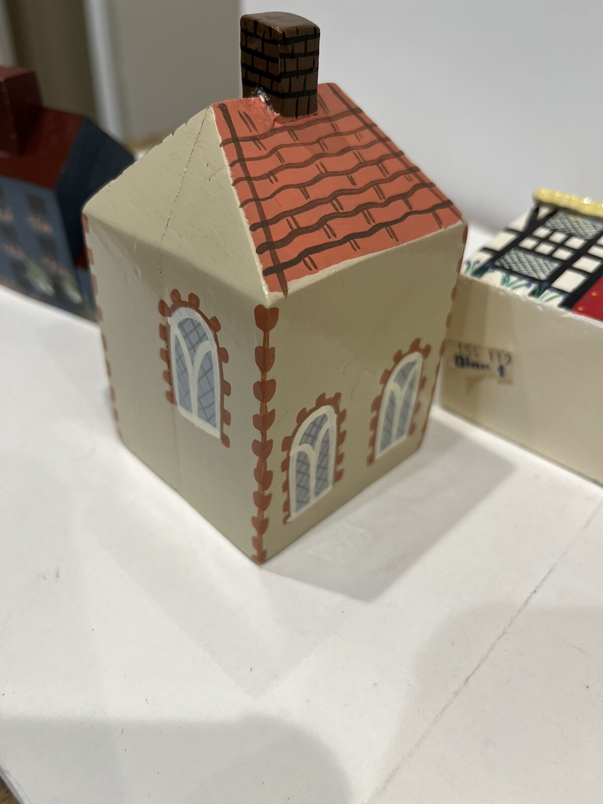 5pc Pier One Imports Handpainted Wood Block Miniature Houses Display Home Decor