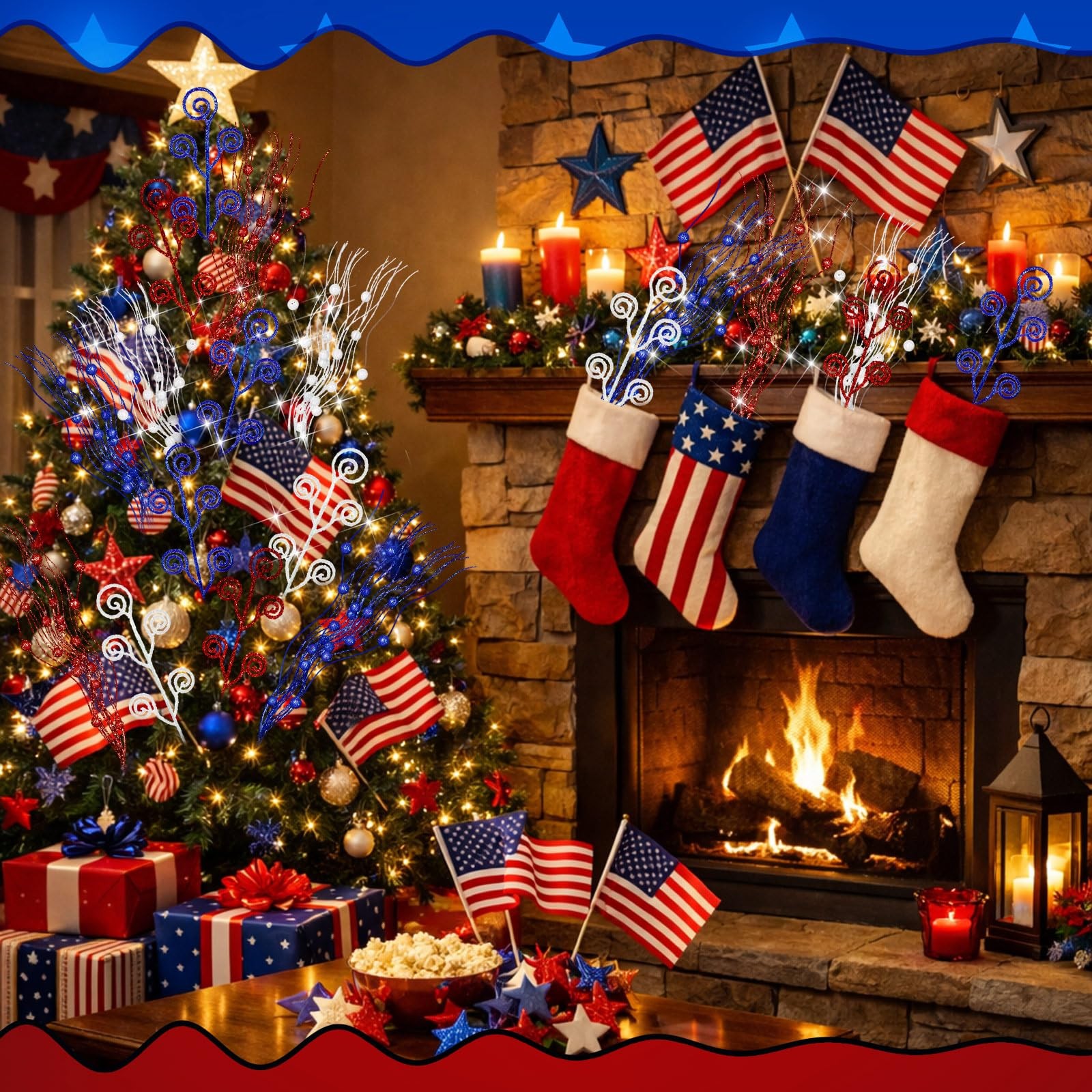36 Pcs Blue White Red Christmas Tree Picks and Sprays Ornaments 17” 12” Art…