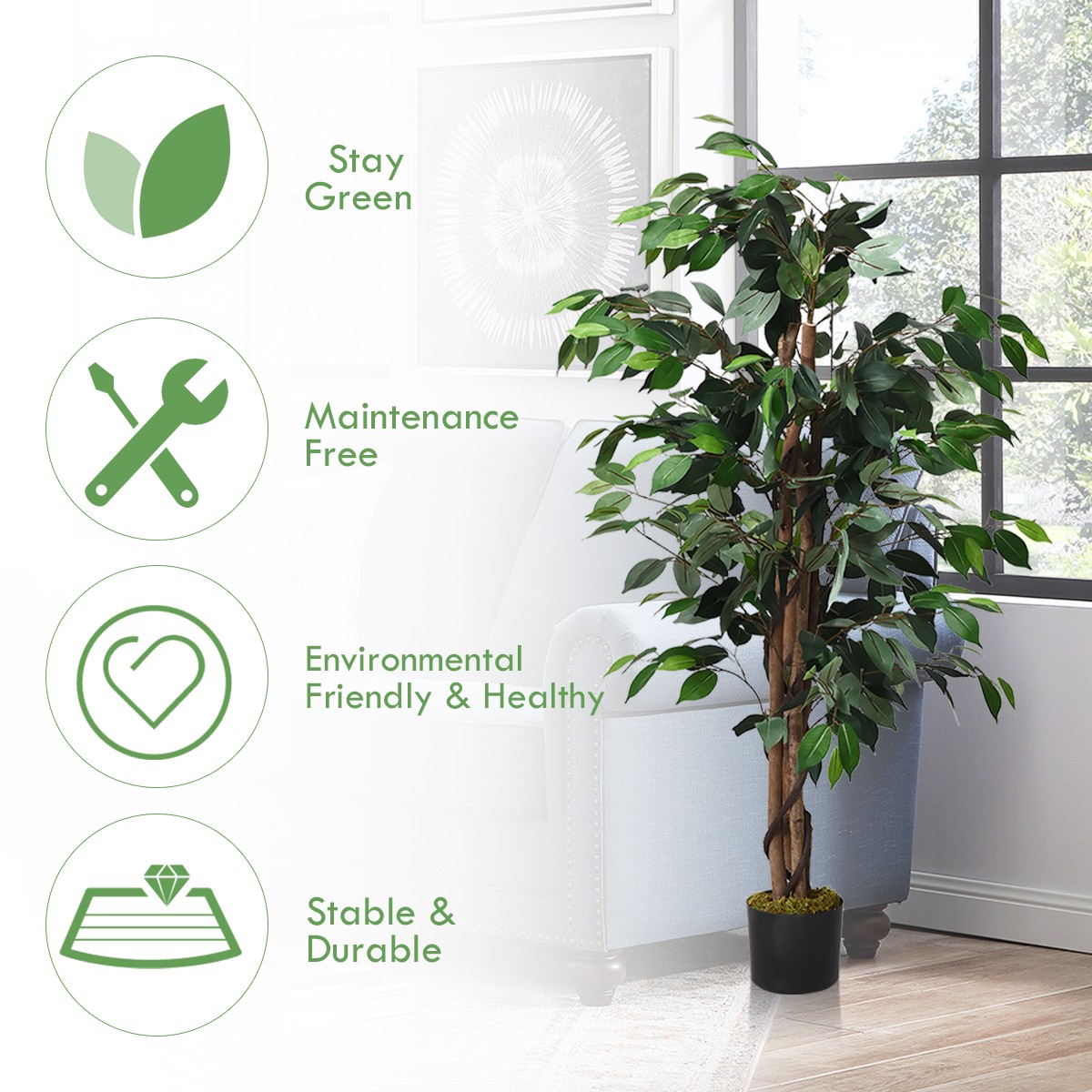 Costway 4 Feet Artificial Ficus Silk Tree Wood Trunks Green In/Patio Home Decor