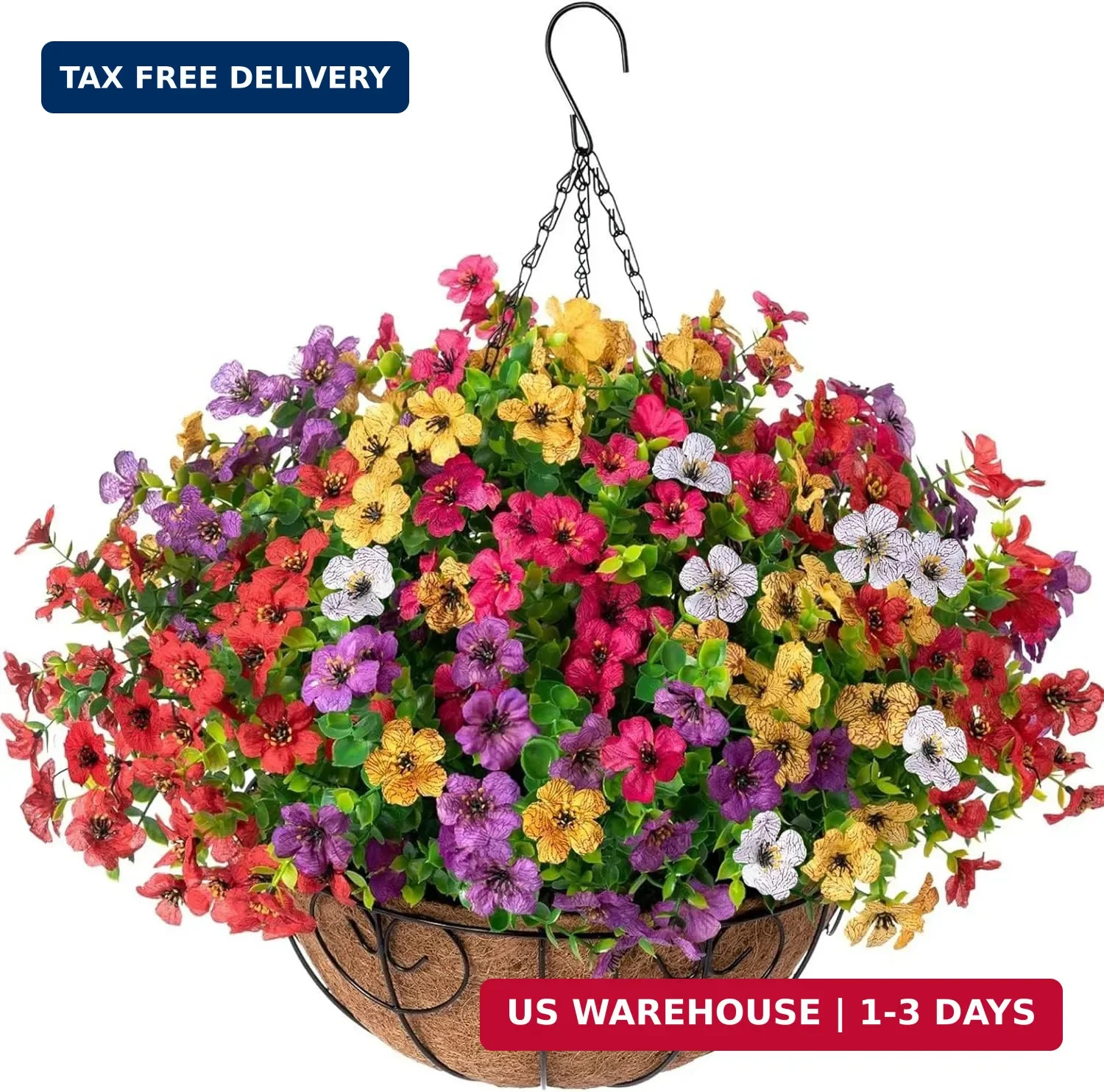 HyeFlora Artificial Faux Hanging Plants Flowers Basket for Summer Outdoor Outsid