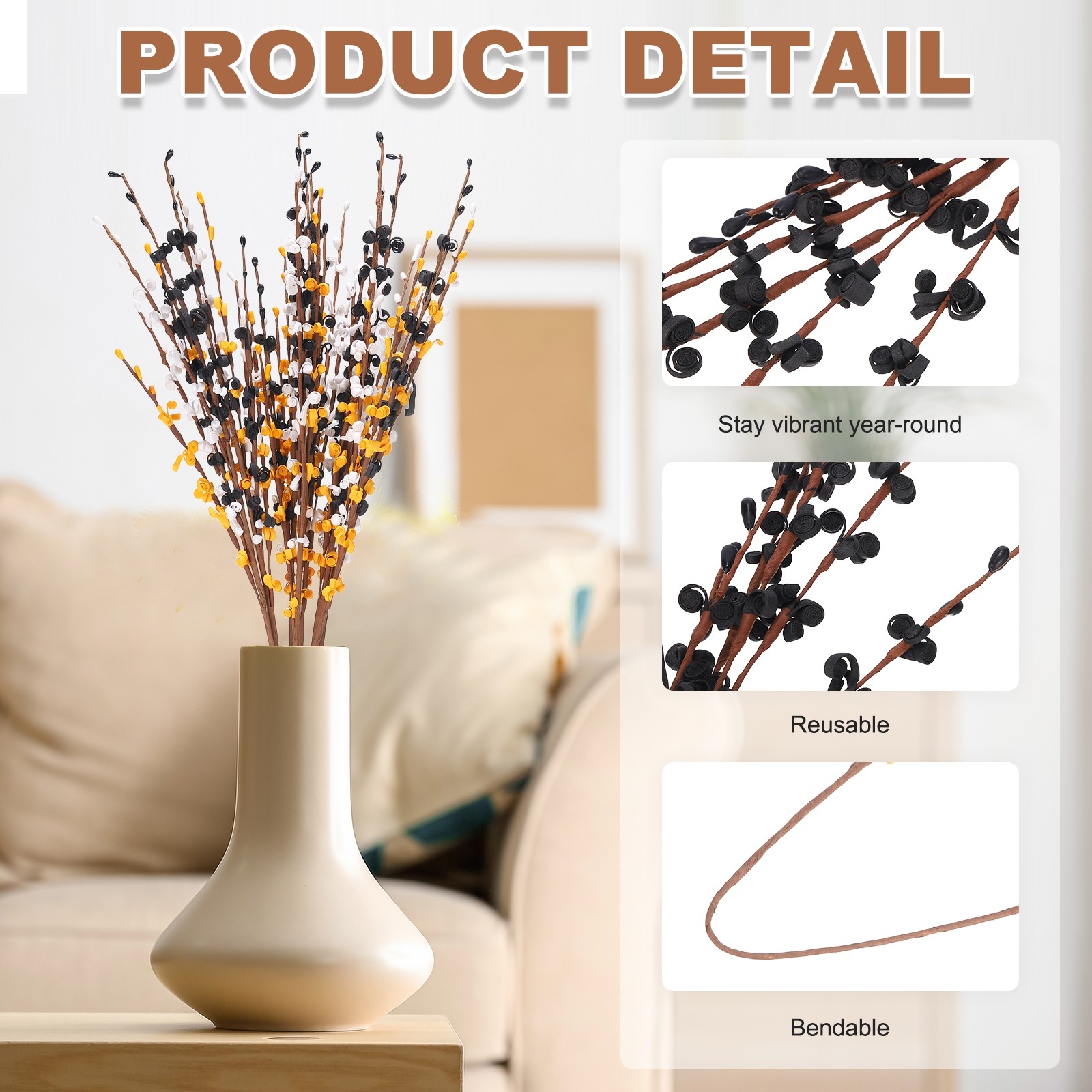 8Pcs Tall Jasmine Flower for DIY Floral Art Plant Black-White-Gold