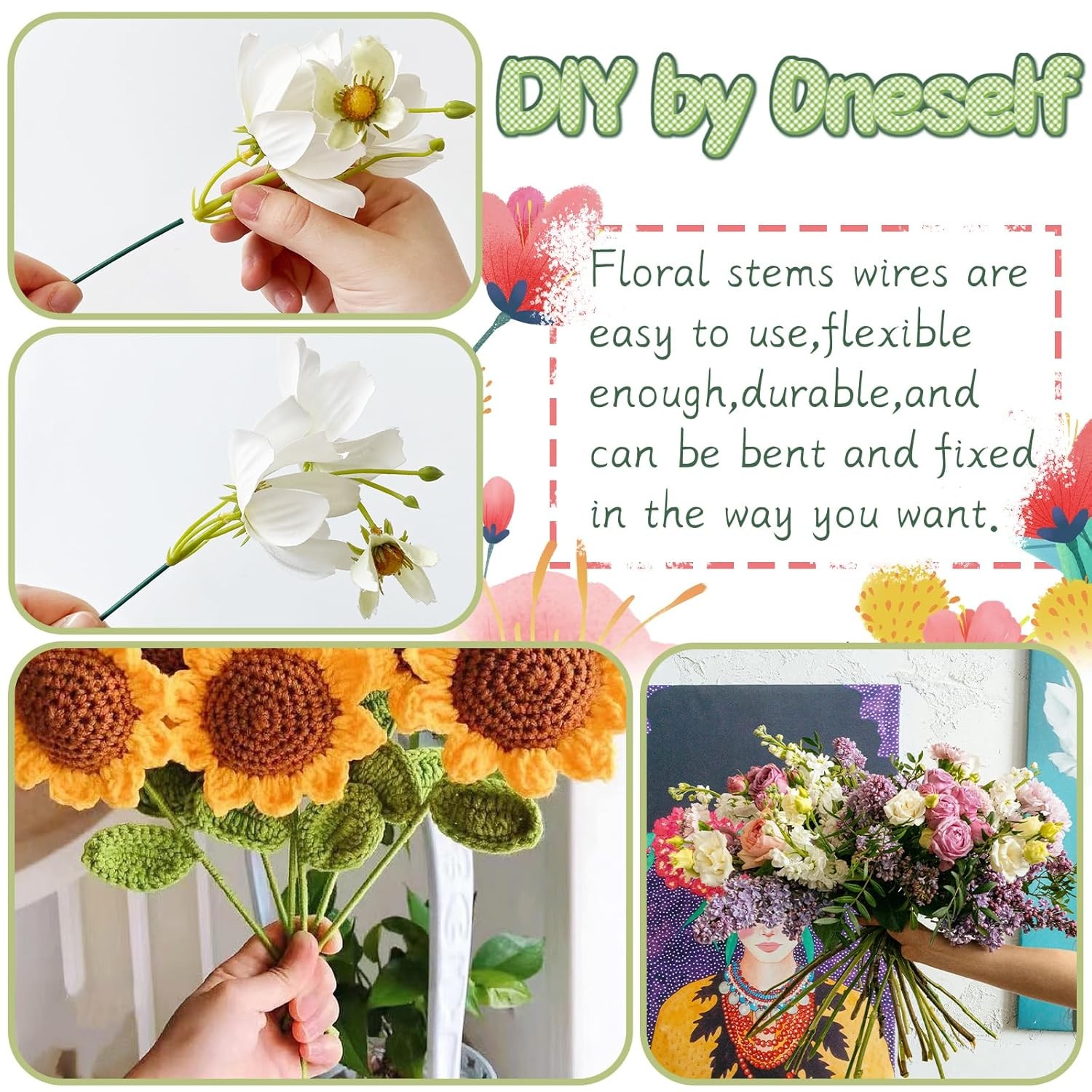 100 Pcs Floral Stems Wire for Paper Flower 14 Inch 2 Gauge Dark Green Floral
