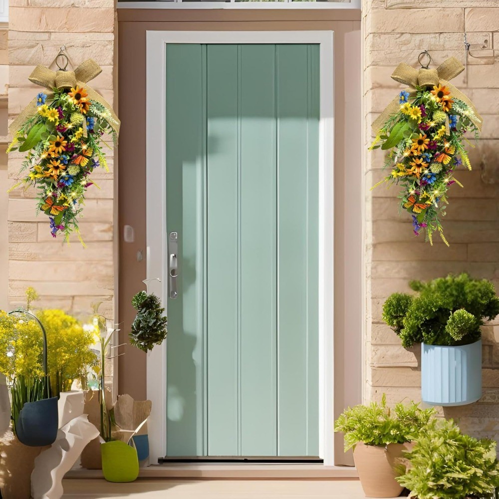 Pre-Lit Floral Teardrop Swag Sunflower Daisy Eucalyptus Door Wall Decor
