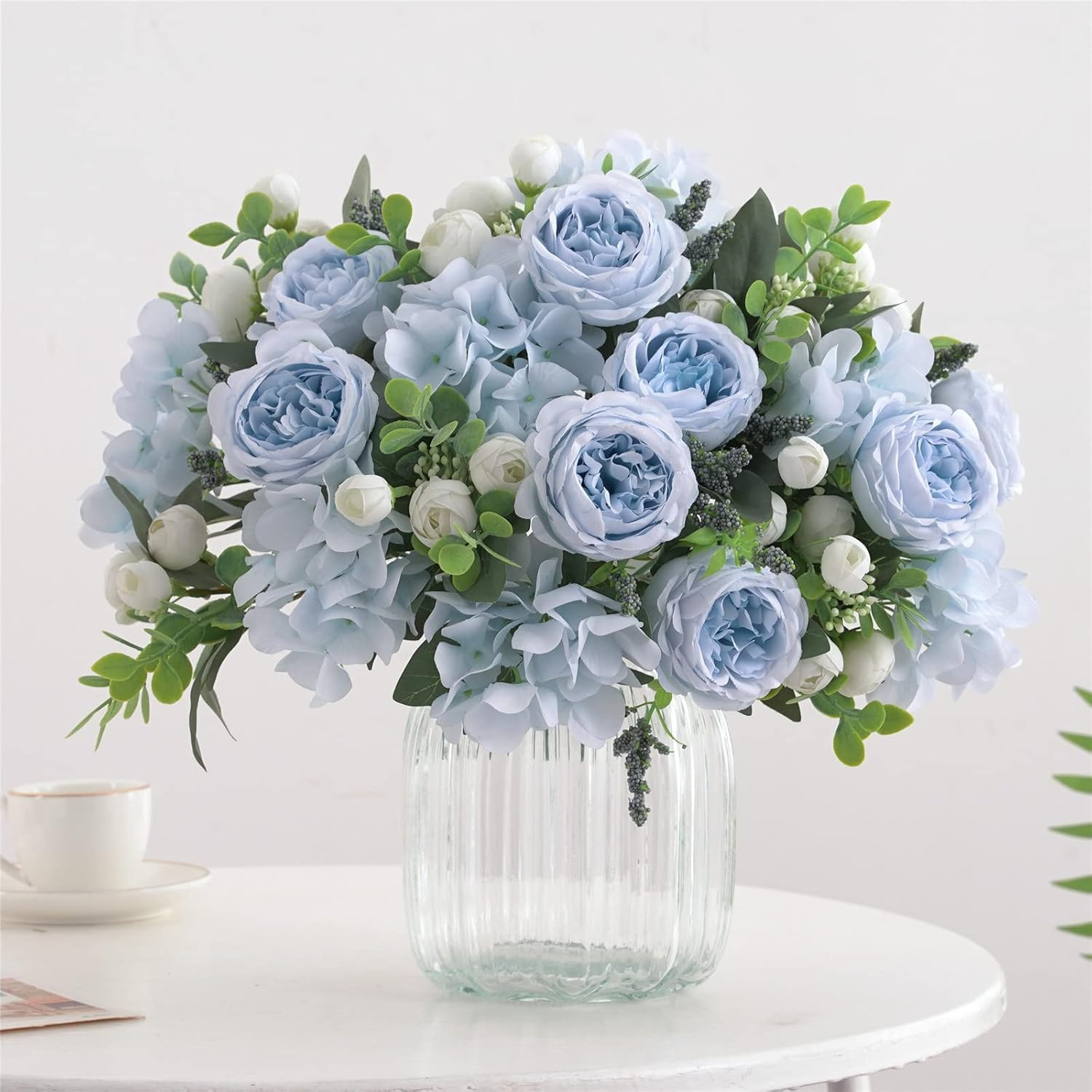 4 Bunches Artificial Flowers for Decoration Blue Peonies Fake Roses Arrangements