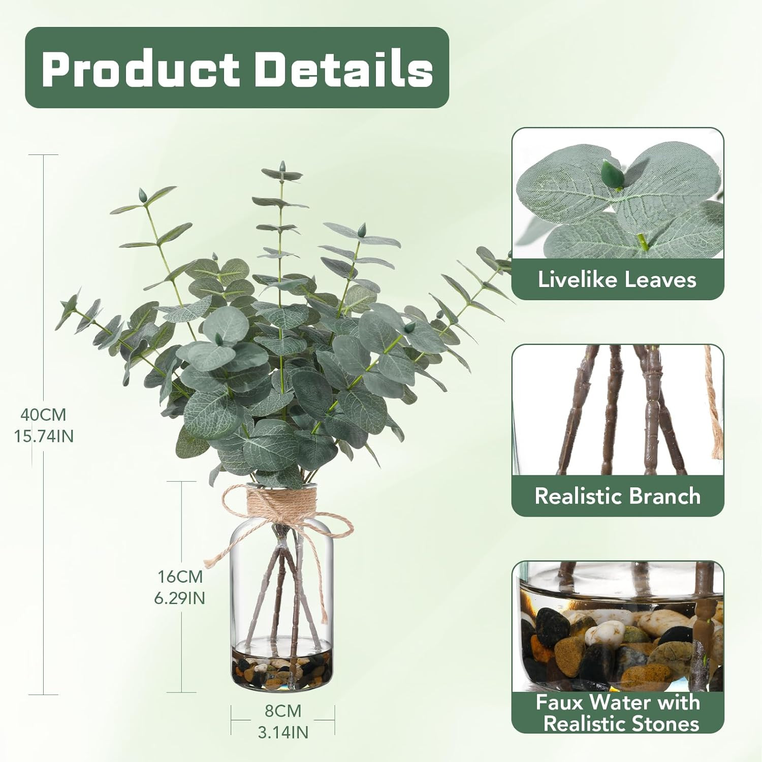15.74” Artificial Eucalyptus Stems in Glass Vase with Faux Water & Natural Stone