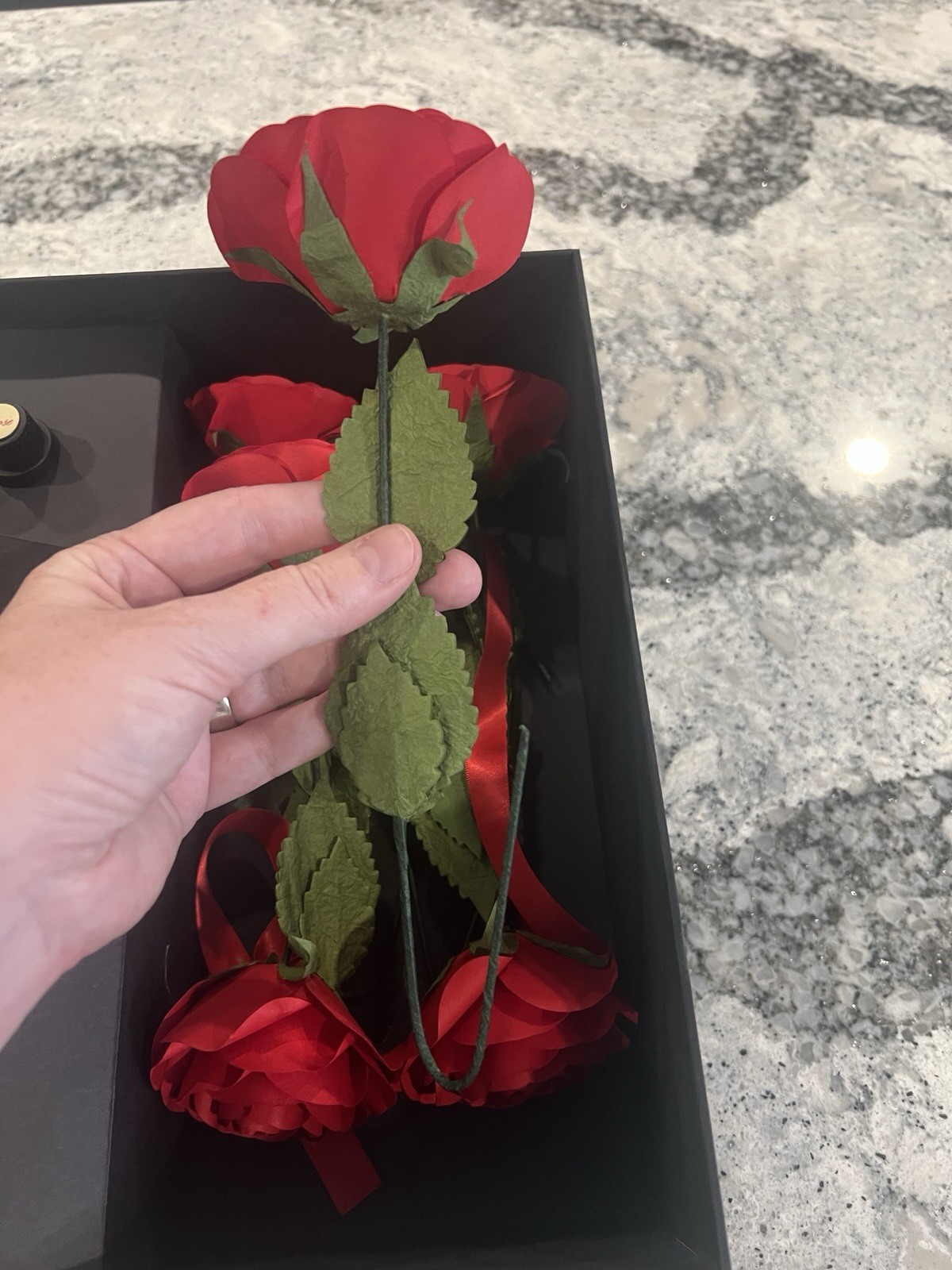 Paper Red Roses with Glass Vase and Rose Oil – 6 Long Stem Roses -Handmade Roses