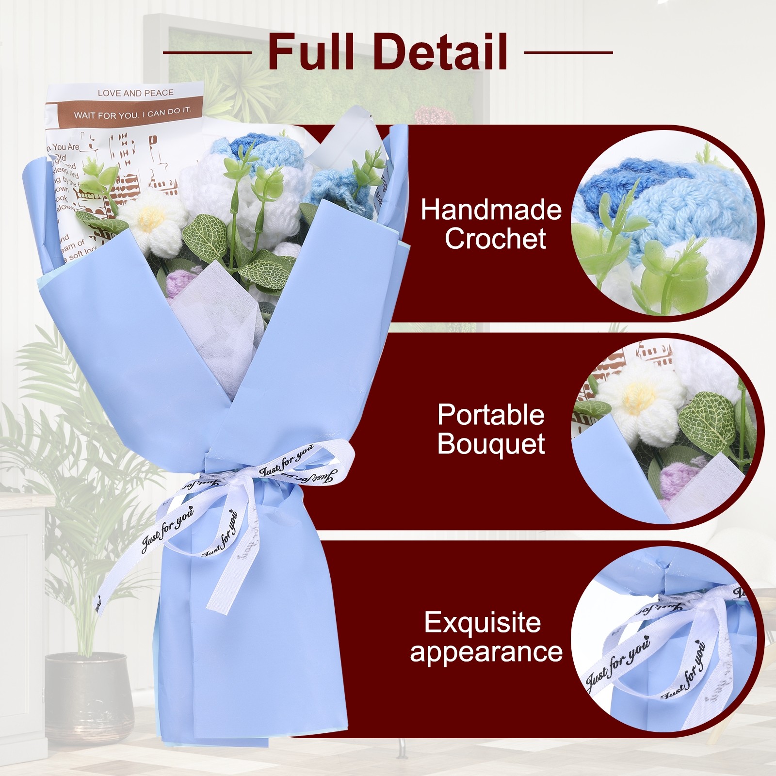 Crochet Flowers Bouquet Handmade Knitted Bouquet Rose Gradient Blue