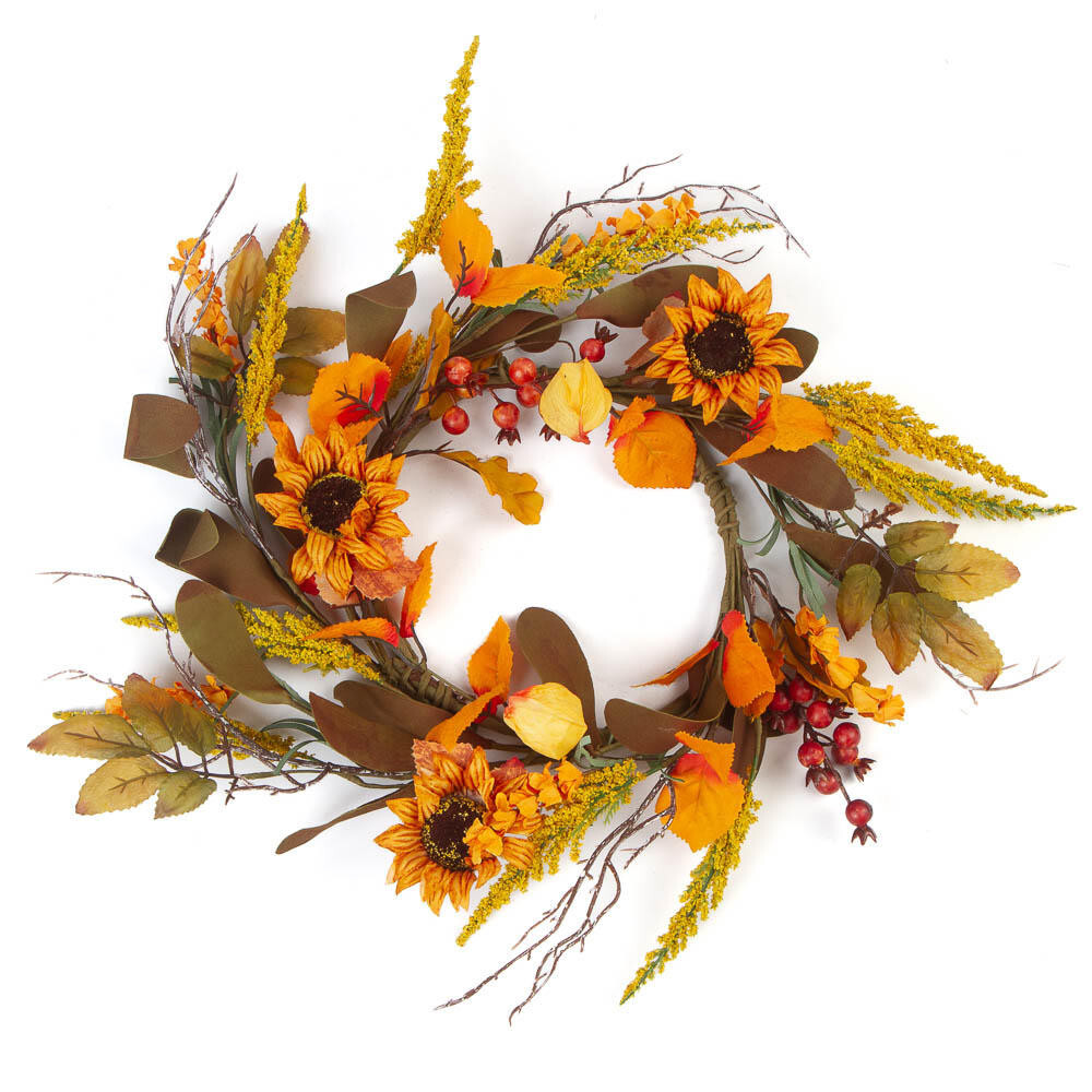 Set of 2 Artificial Sunflower & Chinese Lantern 17″ Candle Rings / Small Wreaths