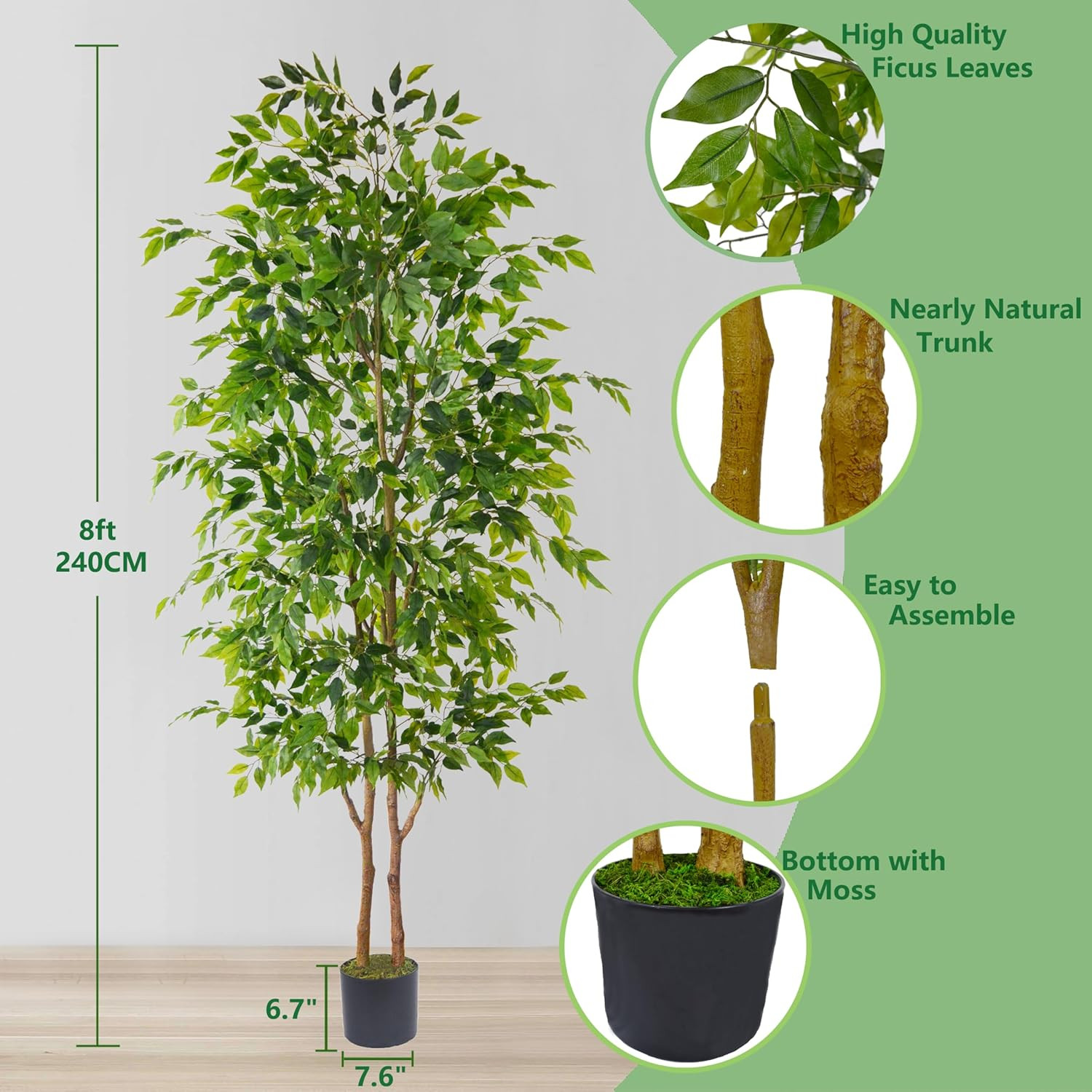 8Ft Realistic Ficus Tree with Basket – Indoor/Outdoor Faux Plant Décor