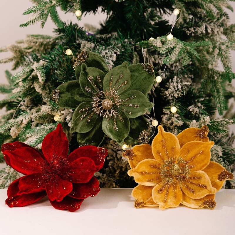 Artificial Velvet Poinsettia Picks Glitter Detail Holiday Garland Gift Box Decor