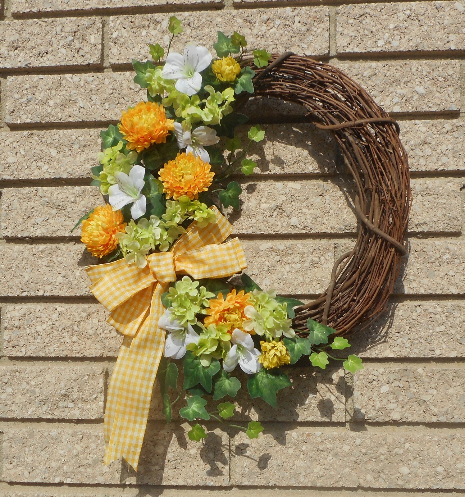 17″ Yellow Mum Green Hydrangea White Floral Spring Summer Grapevine Door Wreath
