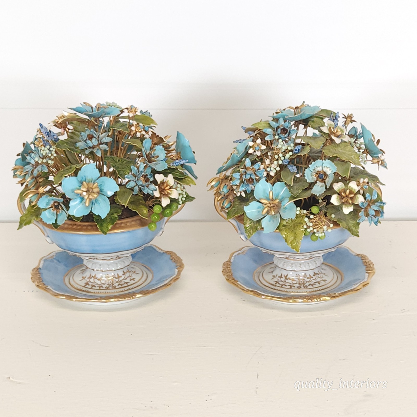 Pair Jane Hutcheson for Gorham Blue 2 Handled Teacup & Saucer Floral Arrangement