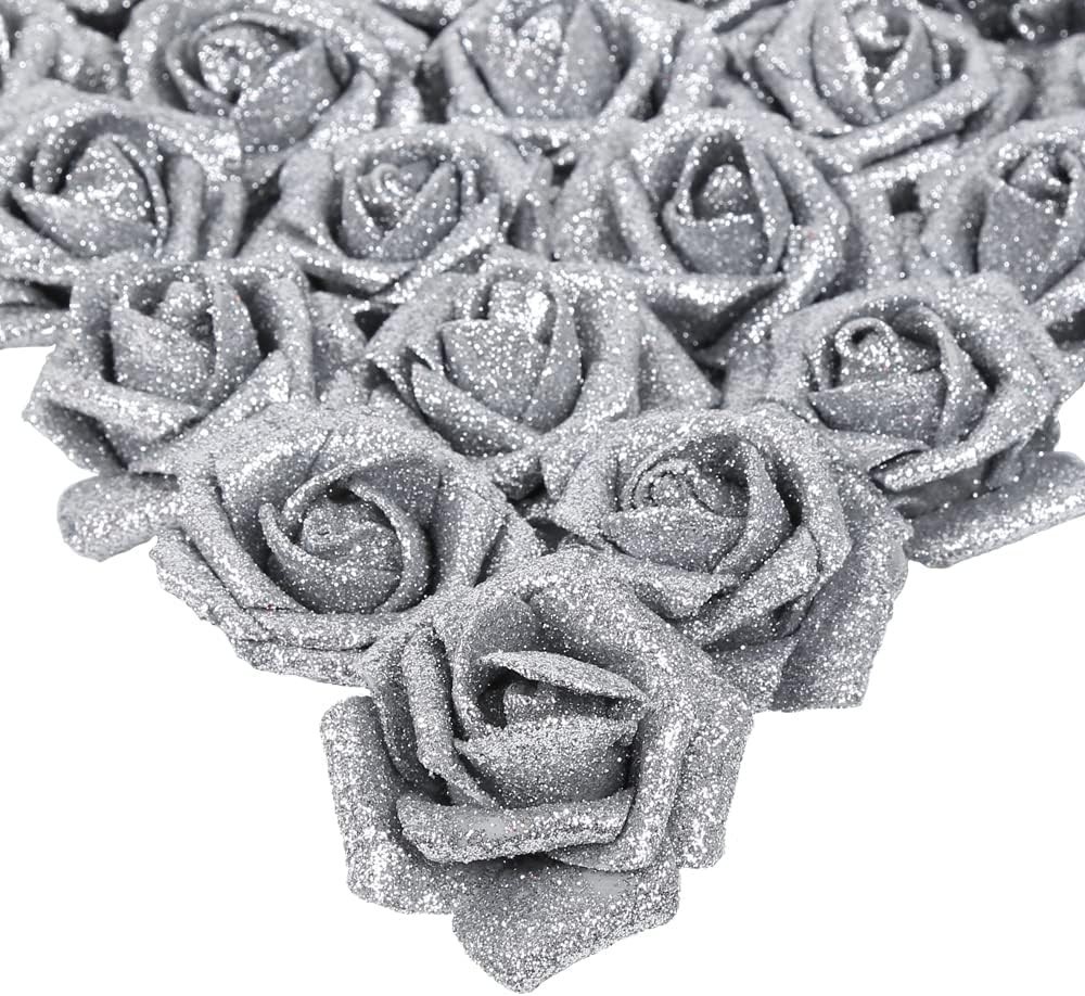 25PCS Silver Glitter Roses with Stems 2.19 Inch Foam Flowers for Home Decor