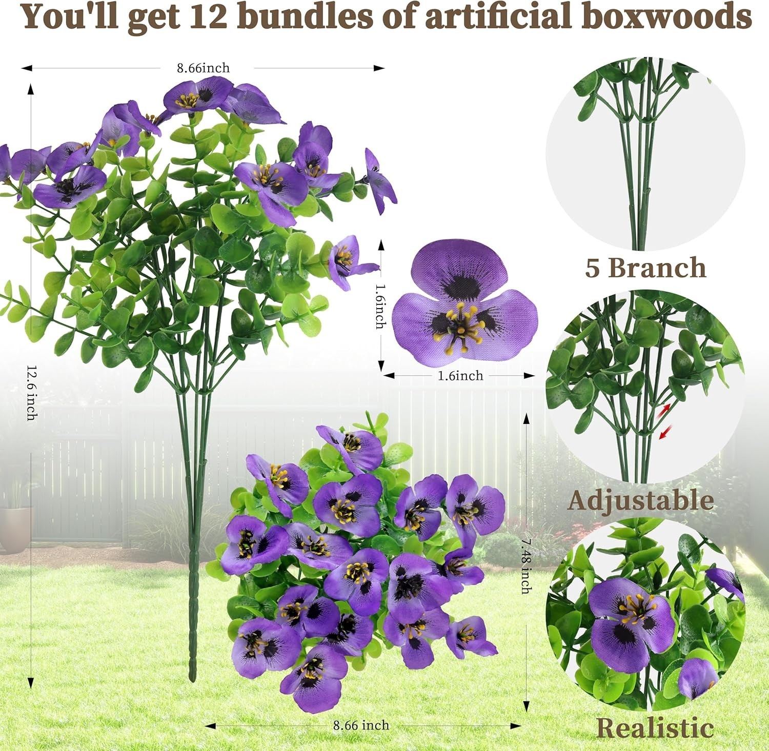 12 Bundles Artificial Fake Pansy Flowers for Outdoor – Yellow, White & Purple Fa