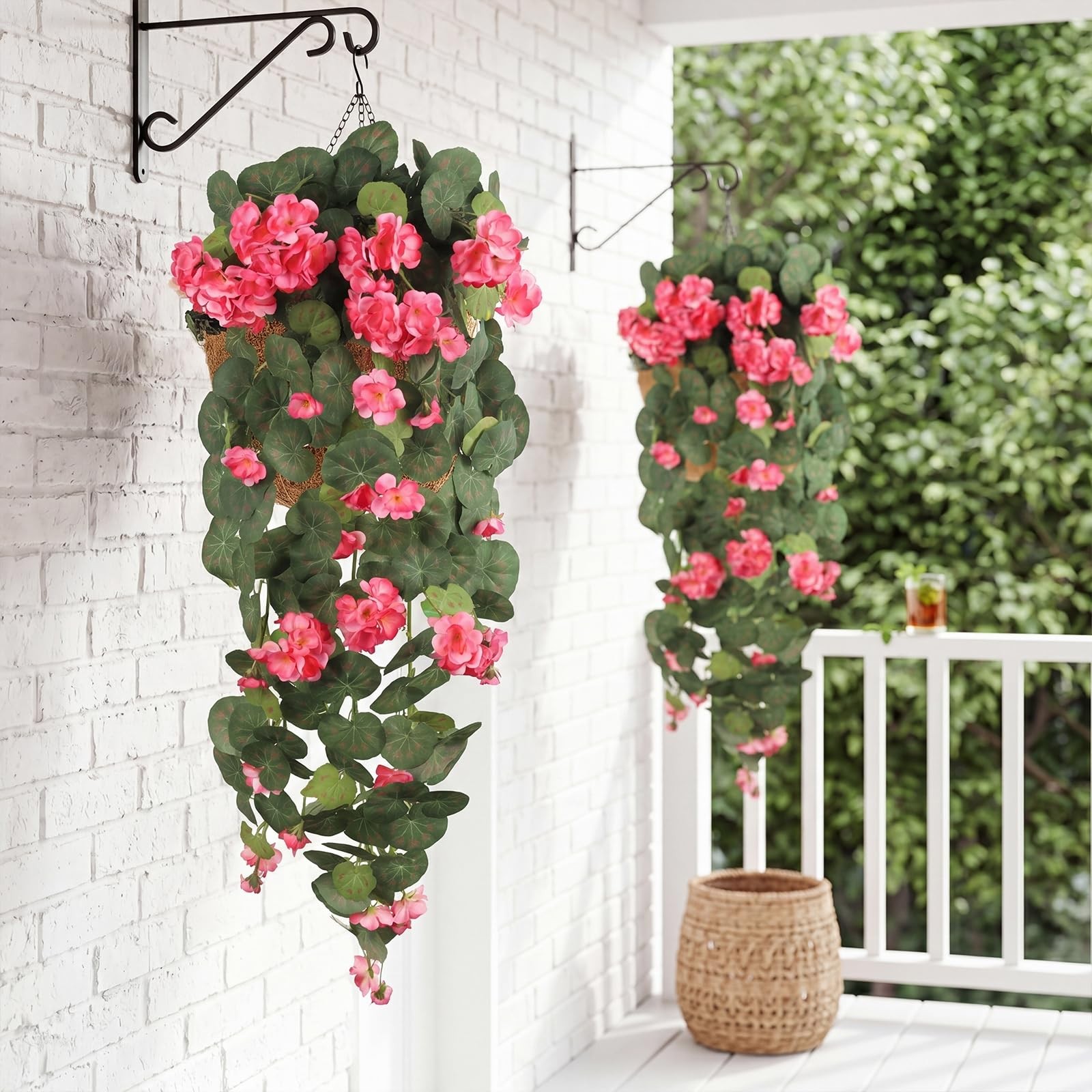 Pink Silk Geranium 43.3″ Artificial Hanging Flowers for Outdoors, UV Resistan…
