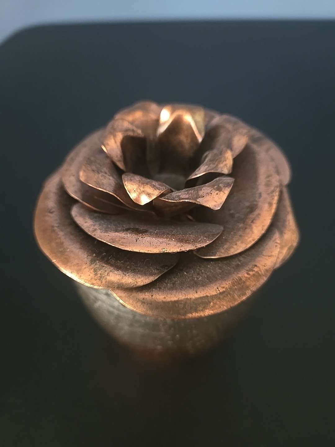 Copper Metal Rose Flower Top handcrafted bent welded & Partial Candle Glass