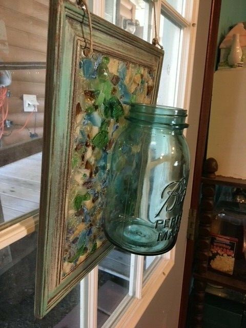 SHABBY CHIC FRAMED GLASS MOSAIC W/MASON JAR ATTACHD TO HOLD FRESH FLOWERS