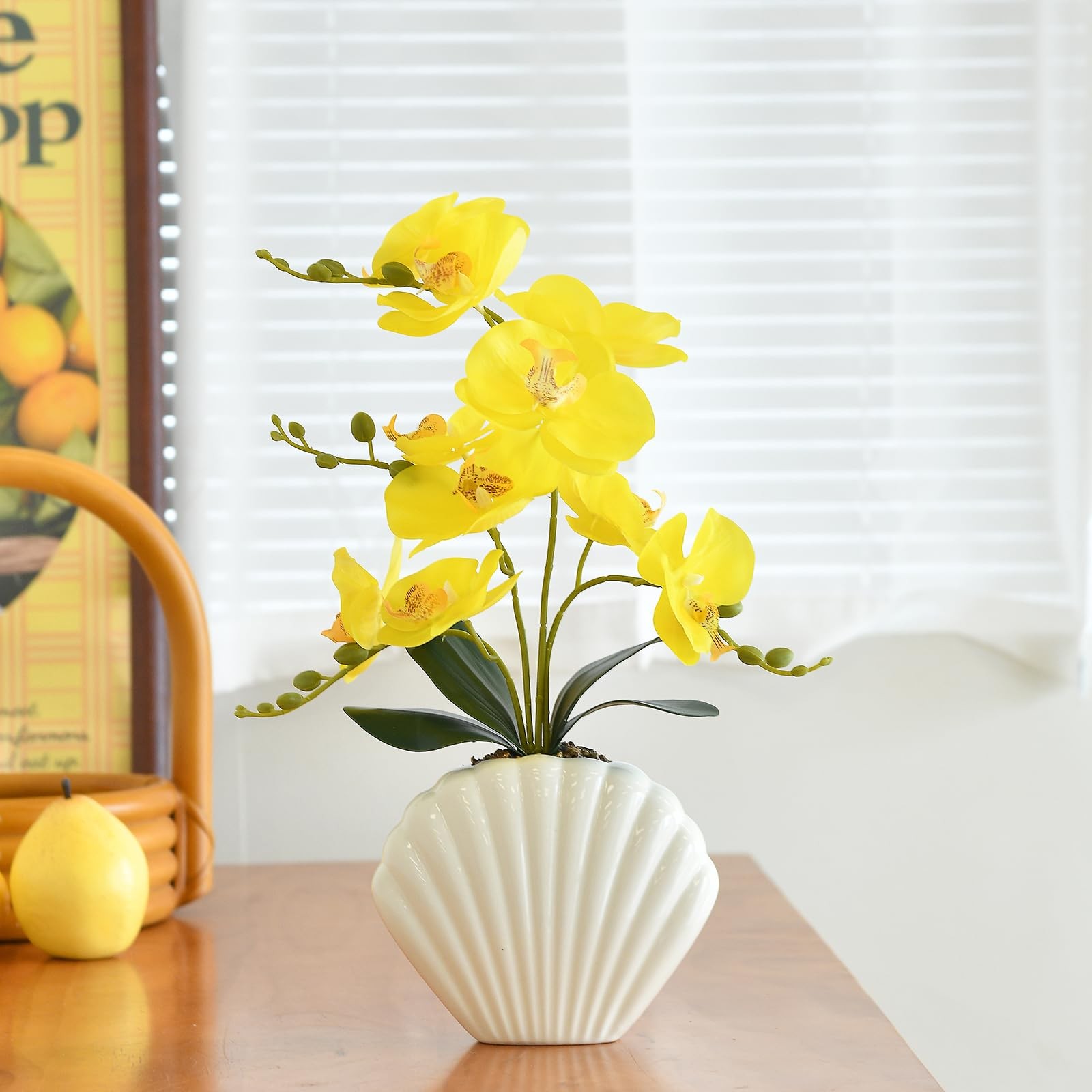 Artificial Yellow Phalaenopsis Orchid Plant Seashell Pot 16 Inch Fake Flower