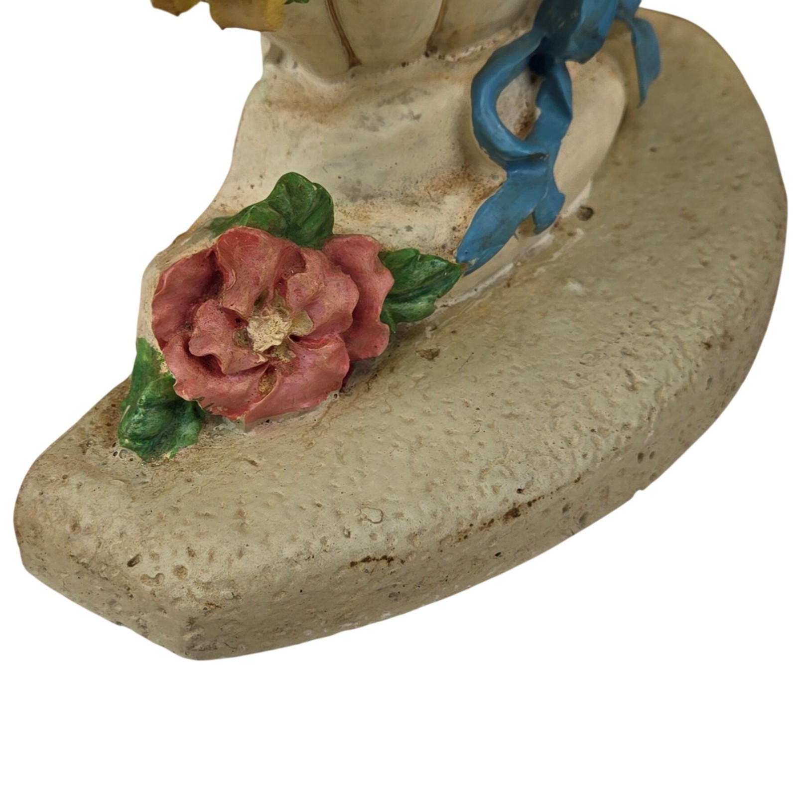 Vintage Flower Arrangement Doorstop Shabby Cottagecore Floral White Blue Ribbon
