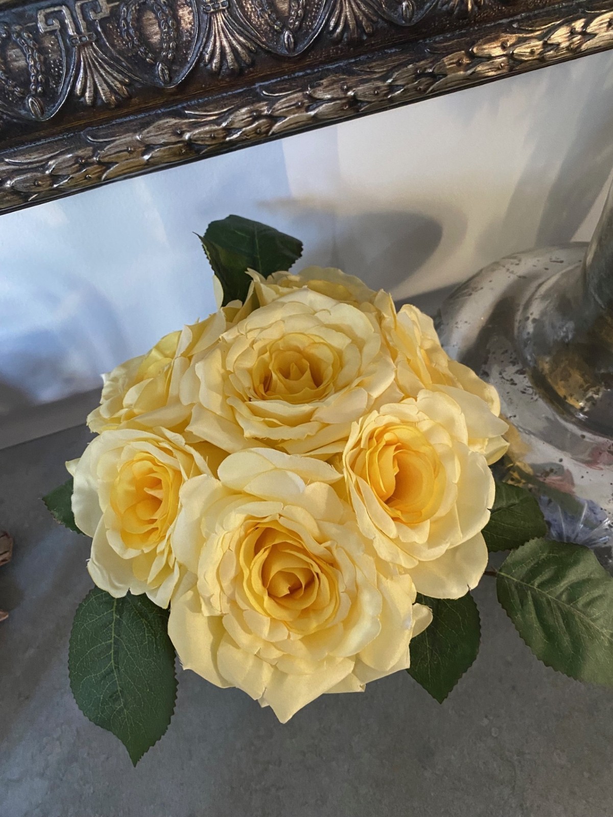 Silk Yellow Roses Faux Flower Arrangement Bronze Pedestal Metal Vase